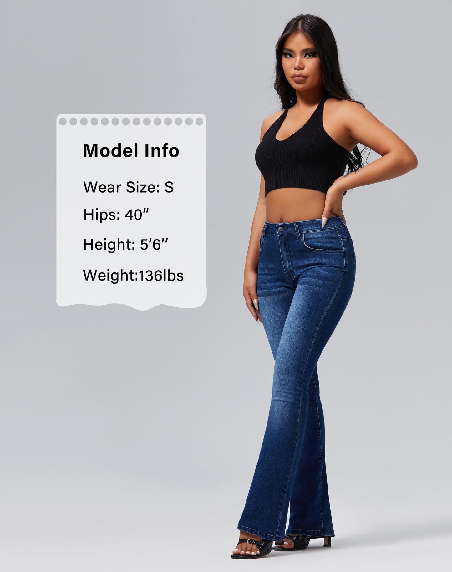 roswear Womens Mid Waist Bell Bottom Stretchy Flare Jeans Pants, Blue, Small