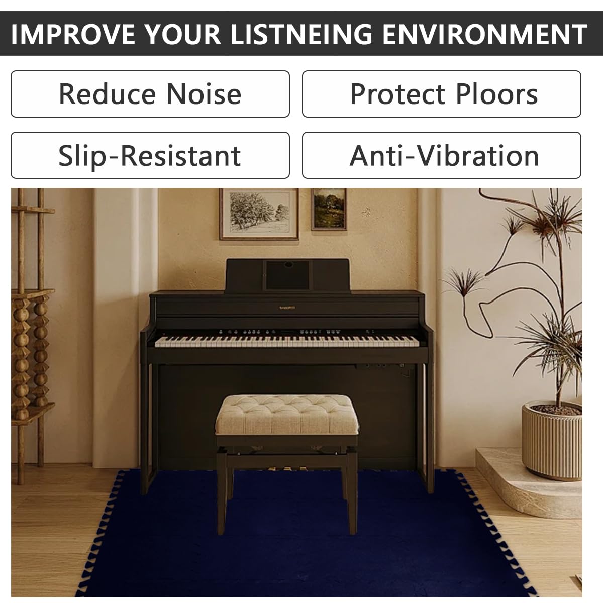 16Pcs Thick Sound Absorbing Interlocking Floor Mats, High Density Piano Carpet Drum Rug, Non-Slip Anti Vibration Soundproof Pads Acoustic Blankets (Dark Blue)