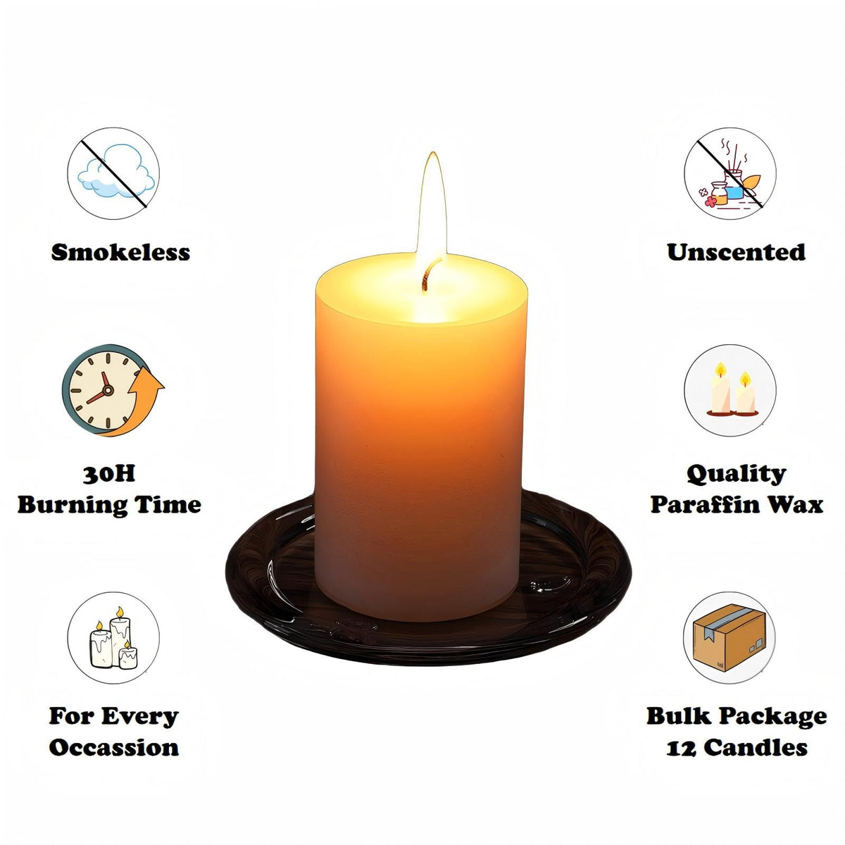 Aurestan 12 Pack Unscented Pillar Candles, 2x4 Inch Classic Ivory White, 30-Hour Burning Smokeless Candles for Wedding Decorations, Centerpieces, Emergency Kit, Dinner, Home Gatherings & SPA