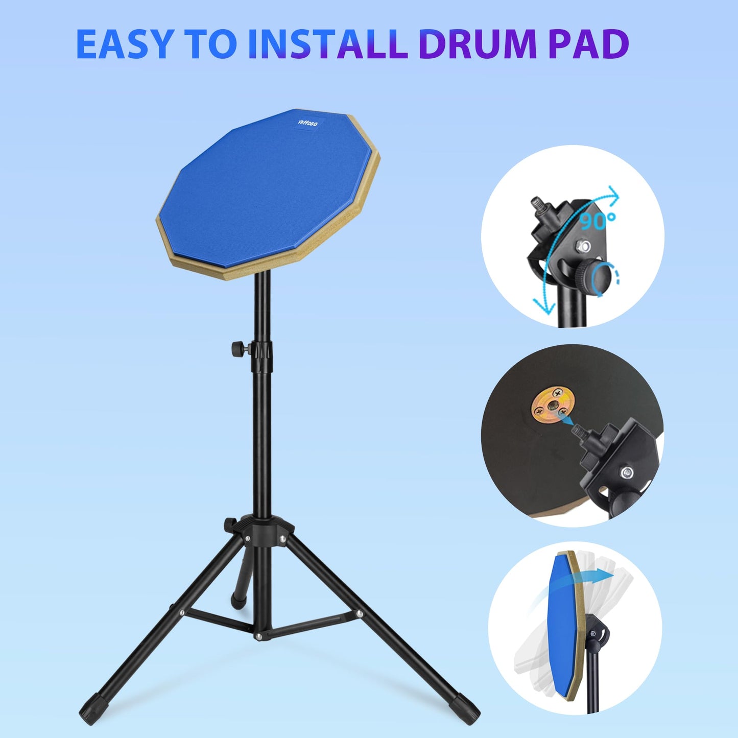 12 Inch Practice Drum Pad with Stand and Sticks, Beginner Snare Drum Pad with Drumsticks and Carrying Bag, Double Sided Silent Drum Pad (Blue)