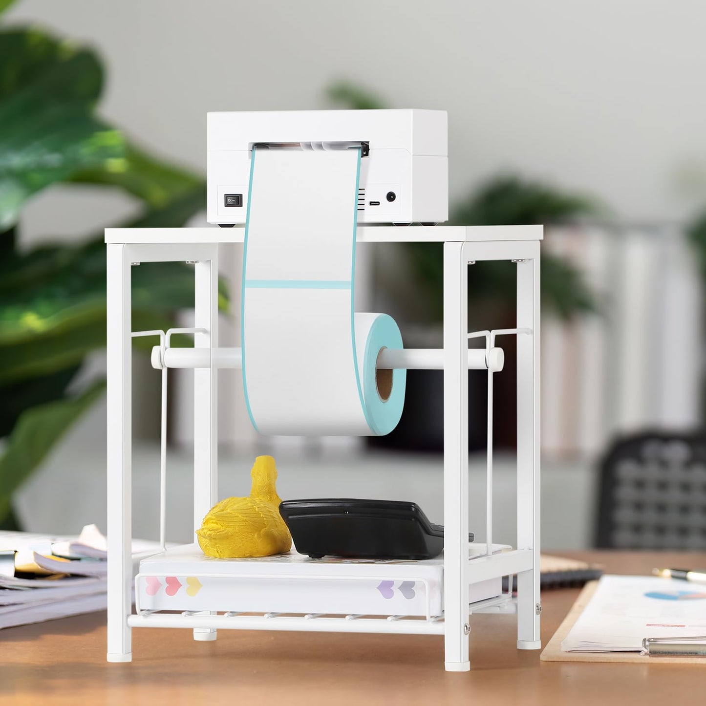 Label Holder Thermal Printer Sticker Stand Label Roll Holder for Rolls and Fan-Fold Labels, Desktop Printer Roll Dispenser for Small Business, Home Office Supplies, White