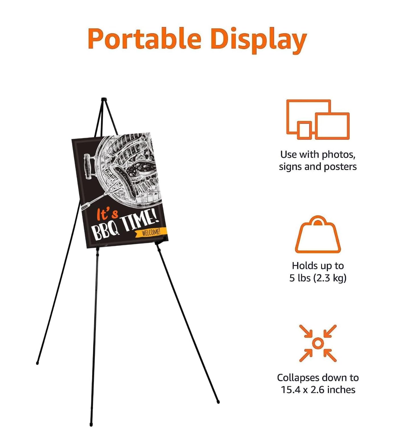 Amazon Basics Easel Display Stand, Instant Floor Poster, Lightweight, Collapsible and Portable with Tripod Base, Black Steel (supports 2.3 kg)