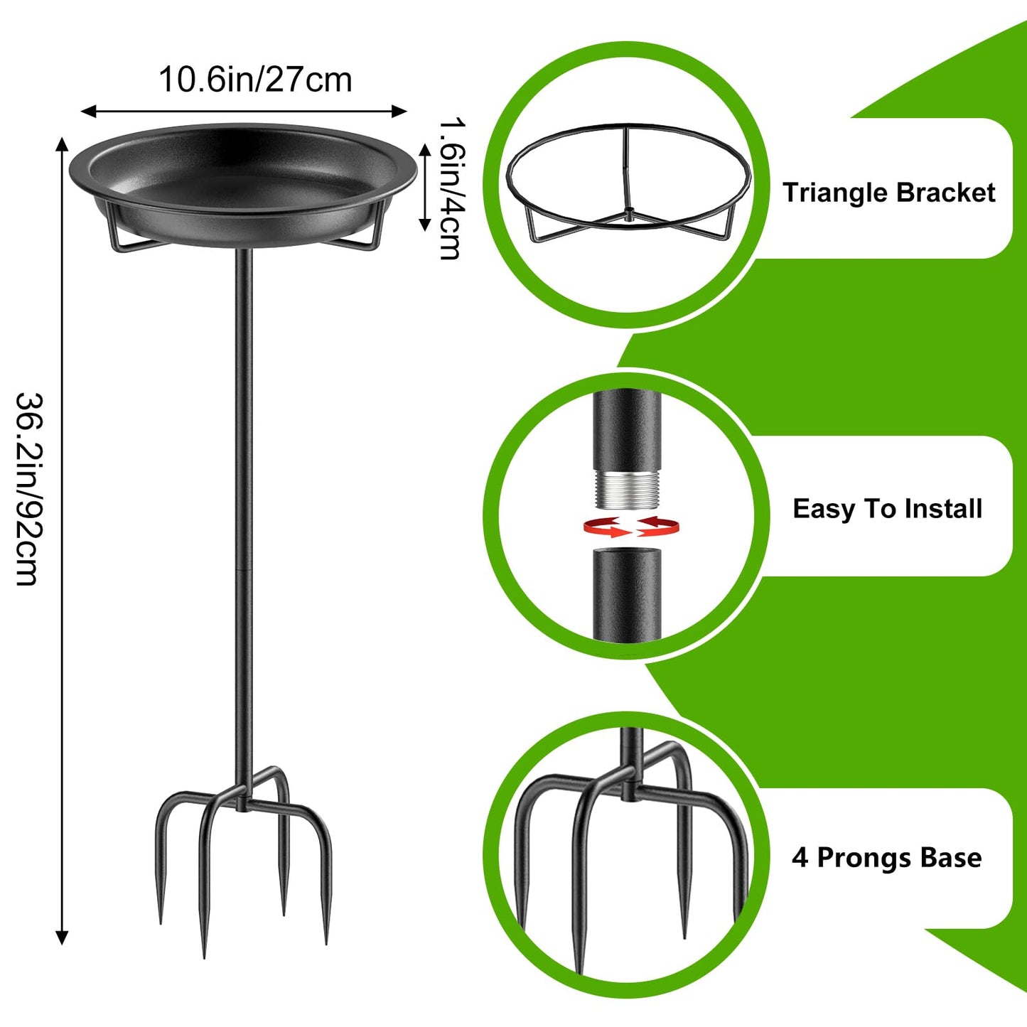 Metal Bird Bath for Outside Garden Birdbath Bowl, 36.2" Height Freestanding Bird Feeders for Outdoors with 4 Prongs Base Stake, Standing Birdfeeders for Yard Lawn Decor (Black)