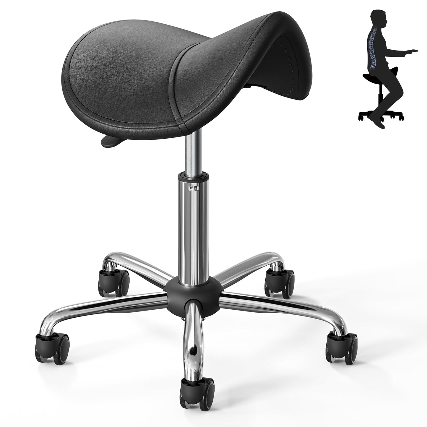 CLORIS Saddle Rolling Stool Hold up to 350 LBS Height Adjustable Swivel Chair Metal Feet with Wheels for Spa, Massage, Salon, Home, Office, Medical, Tatoo, Bar Black