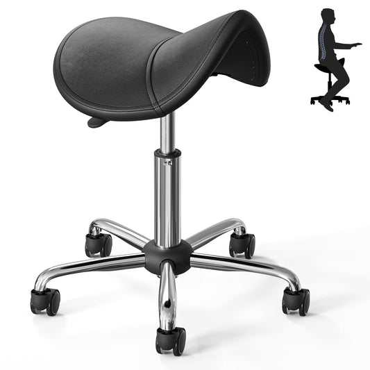CLORIS Saddle Rolling Stool Hold up to 350 LBS Height Adjustable Swivel Chair Metal Feet with Wheels for Spa, Massage, Salon, Home, Office, Medical, Tatoo, Bar Black