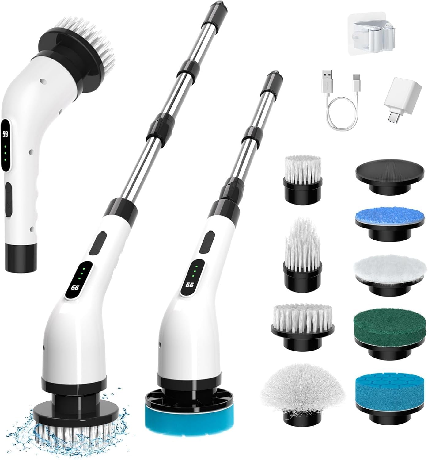 Electric Spin Scrubber for Cleaning, 9 in 1 Changeable Bathroom Scrubber with Power Display, Long Cordless Cleaning Brush, Cordless Shower Cleaner Brush for Bathtub Kitchen Wall Cleaning (Black&white)