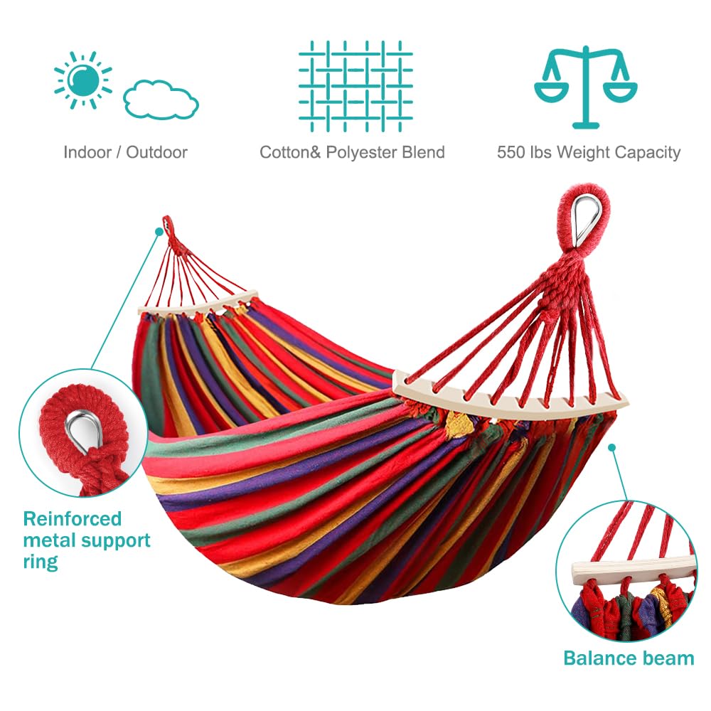 MOSFiATA 550lb Single Camping Hammock, Upgraded and Thickened 320G Durable Canvas Fabric with Two Anti Roll Balance Beam and Sturdy Metal Knot Tree Straps for Backpacking, Travel, Beach, Backyard etc.
