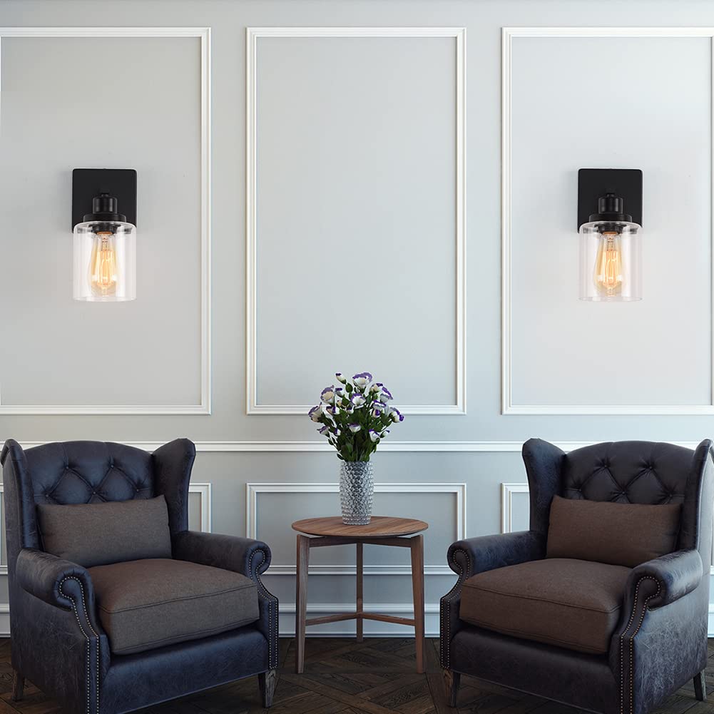 Matte Black Vanity Lights for Bathroom, Wall Sconces Set of Two, Modern Wall Light Fixtures, Metal Sconces Wall Lighting with Clear Glass Shade, Farmhouse Wall Lamp