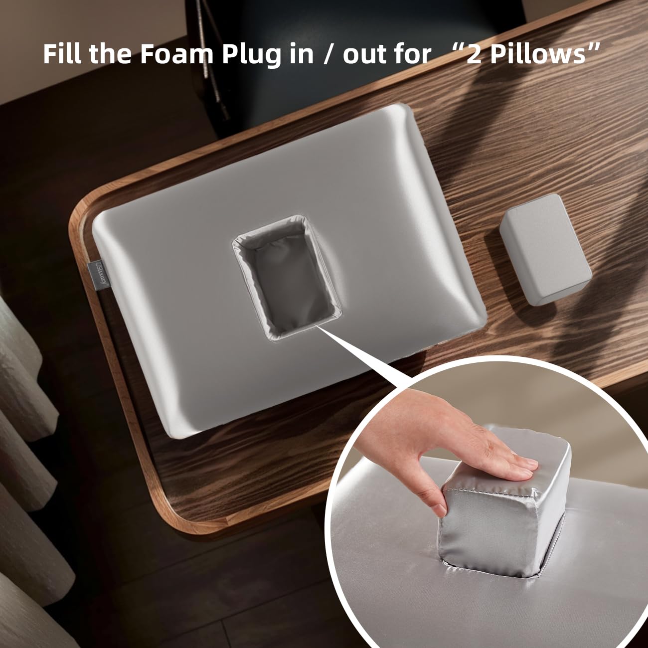 USlixury Piercing Pillow - Ear Piercing Pillow with Foam Plug, 4''H Ear Pillow with 4.7*3.2 and Off Center Ear Hole, CertiPUR-US Memory Foam Piercing Pillow for Side Sleeper, Satin Cover, Silver Grey