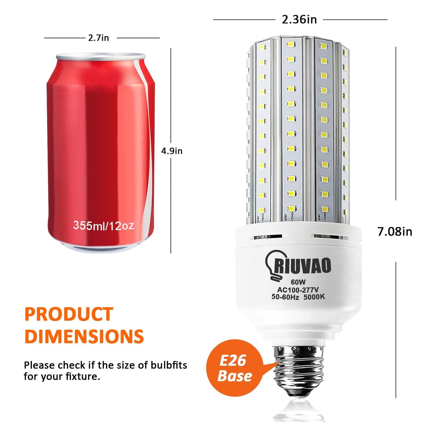 2 Pack 500W Equivalent LED Light Bulb 7500 Lumen 5000K Daylight White Bright E26/E27 Medium Base 60W Corn Light Bulbs for Outdoor Indoor Garage Warehouse Factory Backyard Street