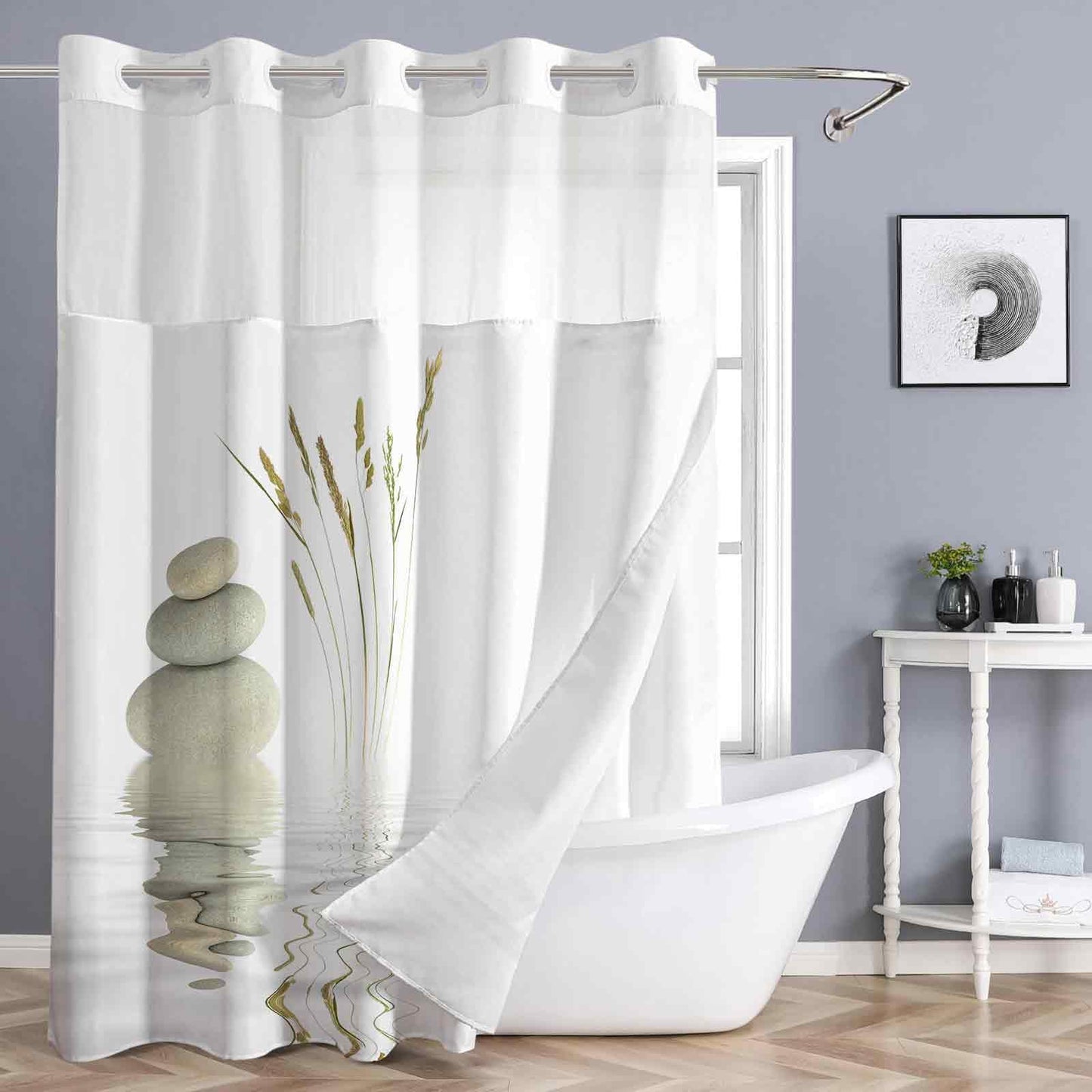 Shellspace No Hook 3 in 1 Shower Curtain with Snap in Liner, Pebbles Shower Curtain Set with See Through Top Window, Machine Washable Waterproof Polyester Fabric Bath Curtain, 71 x 74 in