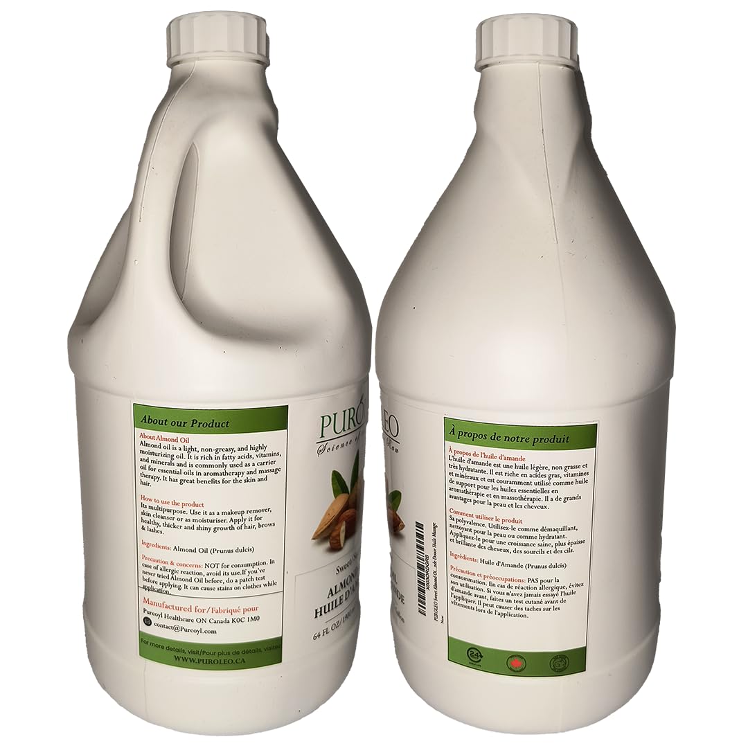 PUROLEO Sweet Almond Oil 64 Fl Oz/1900 ML (Packed In Canada) Pure Almond Oil for Skin, Hair, & Body | Organic Carrier Oil & Body Oils For Women | Almond Butter Hair Oil, Body Oil, Baby Oil, Massage Oil huiles essentielles Amande Douce Huile Massage