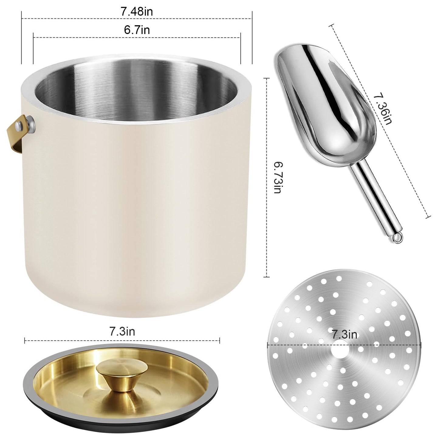 3.2L Modern Insulated Ice Bucket with Silicone Lid, Scoop, Strainer, Double Wall Stainless Steel Ice Bucket for Parties & Cocktail Bar,Ideal for Gift