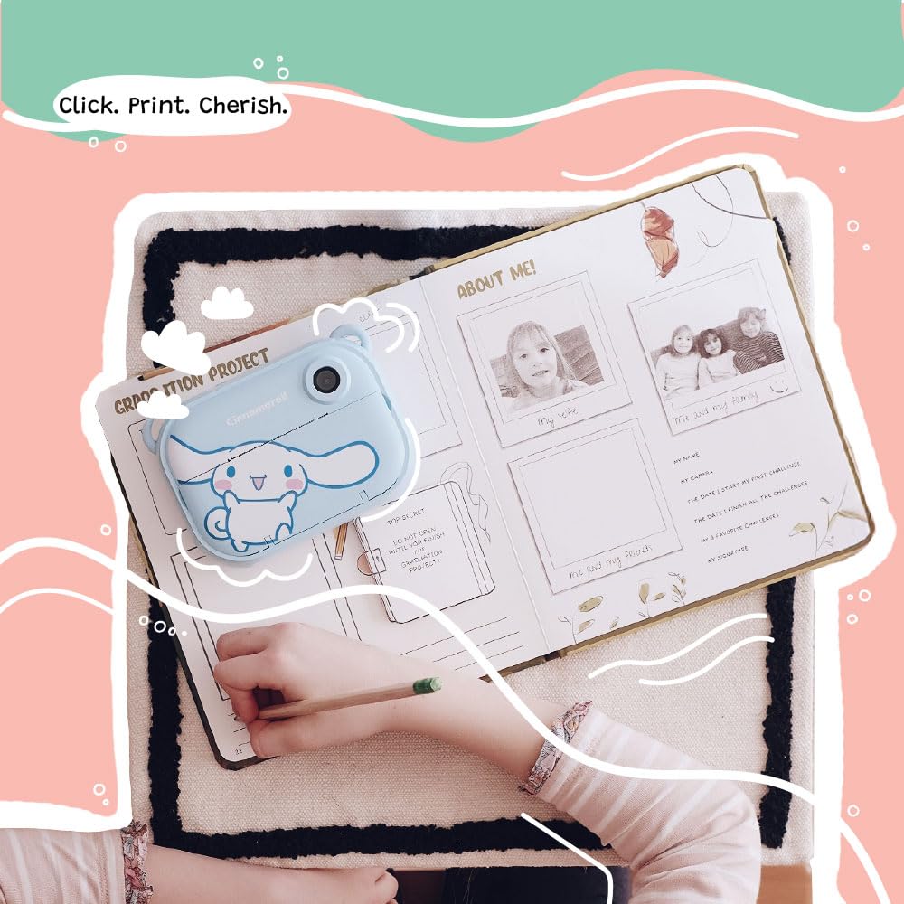 Cinnamoroll Instant Print Kids Digital Camera & Video Camcorder with Selfie Camera by Kidamento, Scavenger Hunt Momento Book, 32GB Memory Card - Model P Cinnamoroll