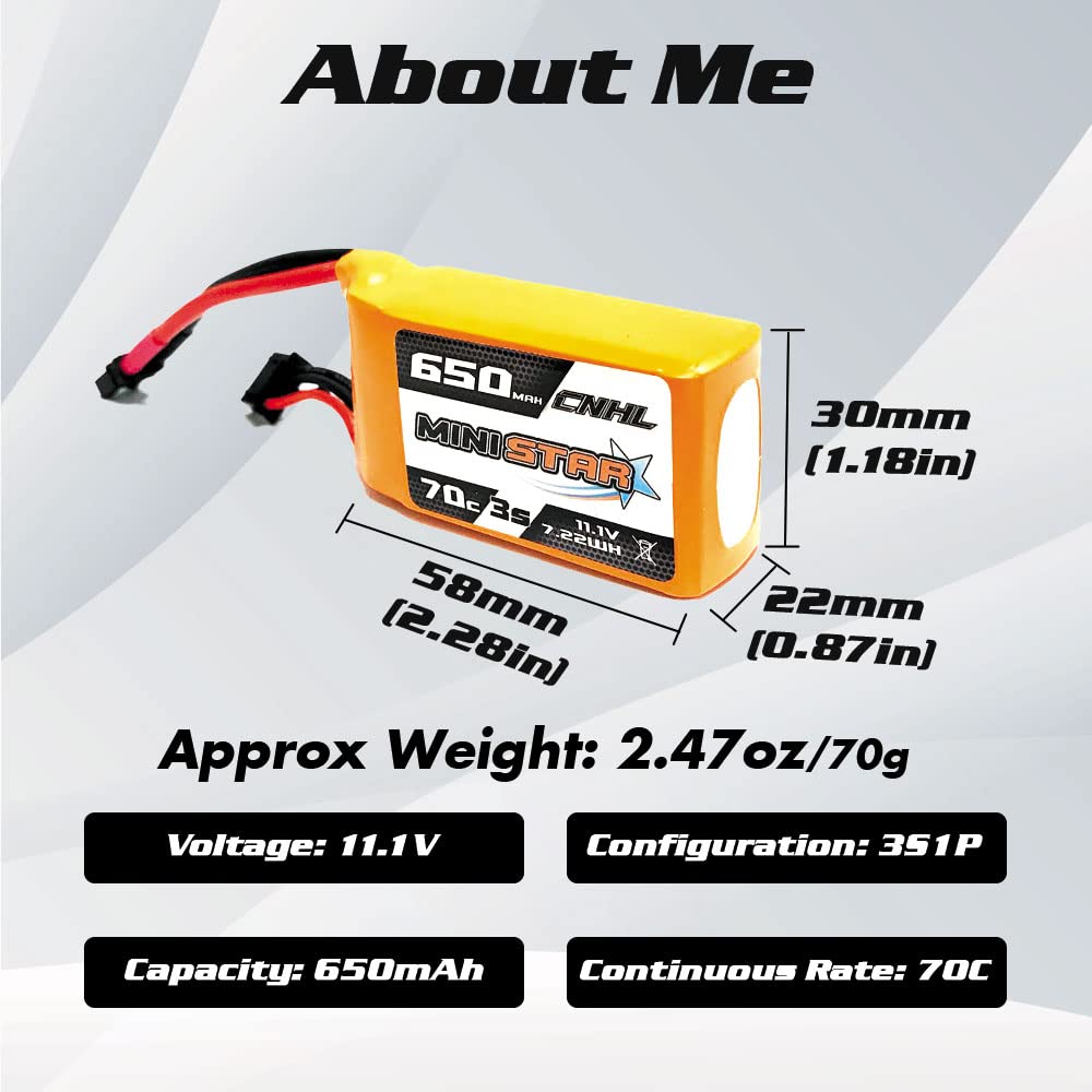 CNHL 3s Lipo Battery 650mAh 70C 11.1v with XT30 Plug for MultiRotor FPV Torrent 110 Lizard 95 Quad Quadcoper Micro RC Drone Racing Hobby (2 Packs)