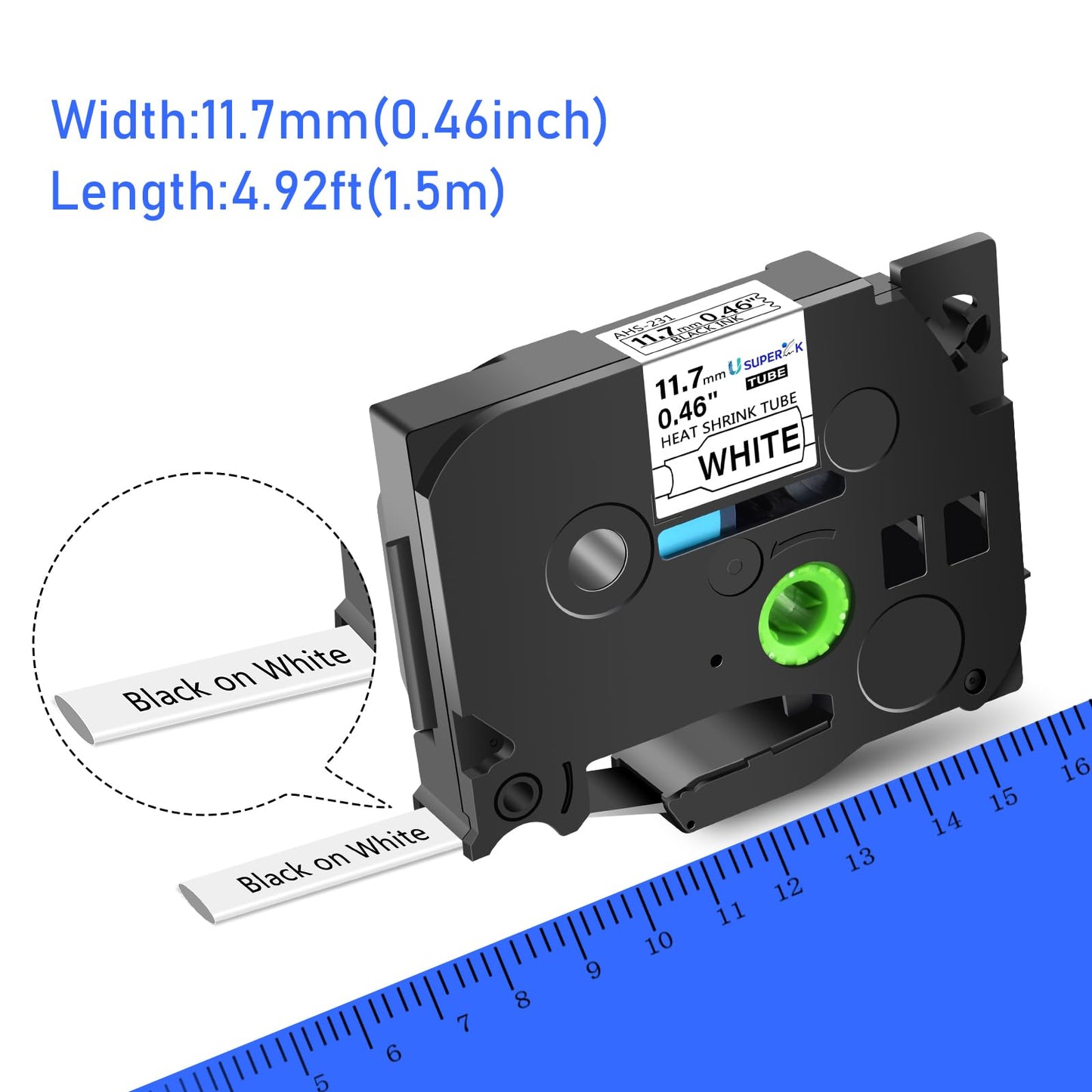 SuperInk 5 Pack Compatible for Brother Ptouch HSe-231 HSe231 HS-231 HS231 0.46 1/2'' 11.7mm Black on White Heat Shrink Tube Label Tape use in PT-D210 PT-D400 PT-E300 PT-E500 PT-P750WVP Label Maker