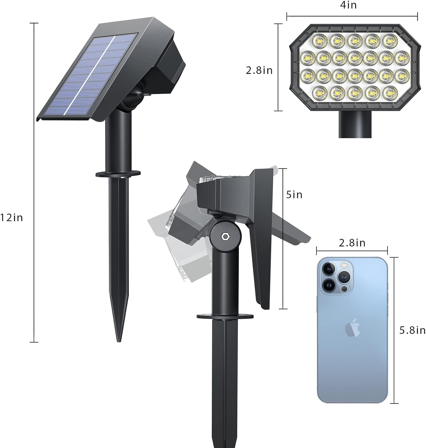 Solar Spot Lights Outdoor 6 Pack, Waterproof 3 Lighting Modes Auto ON/Off Solar & Type C Powered Landscape Spotlights for Walkway Driveway-Cool White