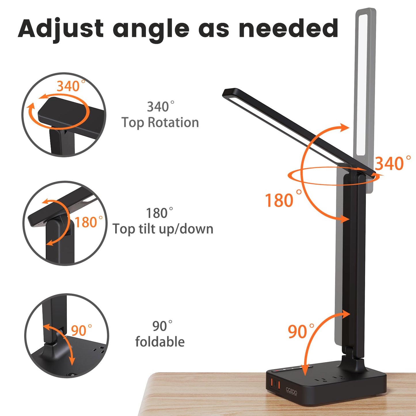 COZOO LED Desk Lamp with 3 USB Charging Ports,2 AC Outlet,3 Color Modes 3 Brightness Levels,Touch/Memory/Timer Function,Eye-Caring Home Office Foldable Natural Light Task Lamp for Reading,Study,Crafts