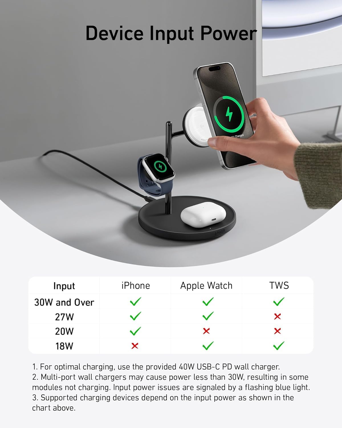 Anker MagSafe Charger Stand, iPhone 17 Wireless Charging Station, MagGo 3 in 1 Charging Station, Qi2 Certified 15W Wireless Charger, Desk Accessory, for iPhone 17/16/15/14/13/12, Apple Watch, AirPods