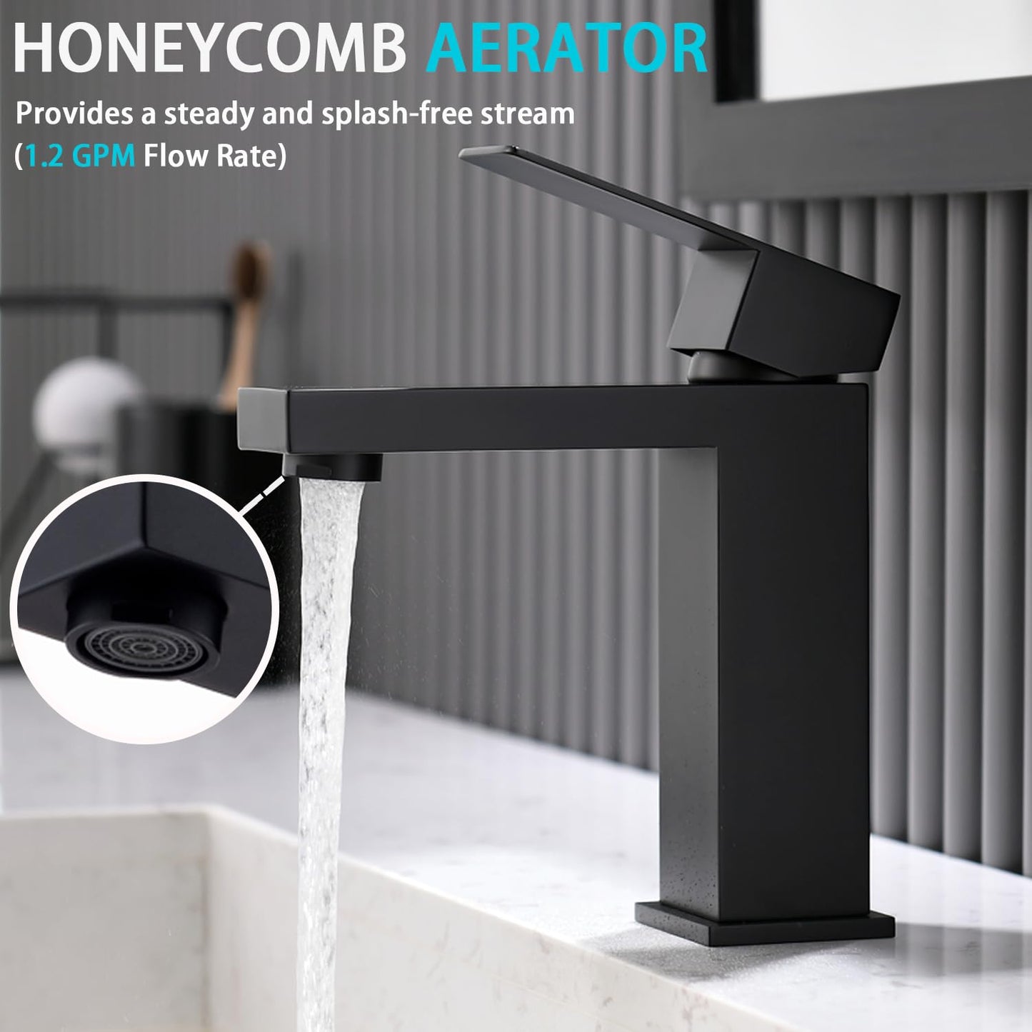 Matte Black Bathroom Faucet, Single Handle Bathroom Sink Faucet, Stainless Steel Bathroom Faucet with Pop Up Drain, 1 Hole Bathroom Faucet for RV Camper Farmhouse Lavatory Bar Vanity Sink, BF011B