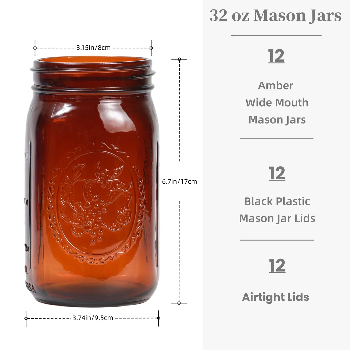 Jumterlee 12 Pack 32 oz Amber Wide Mouth Mason Jars with Lids and Bands, Glass Jars