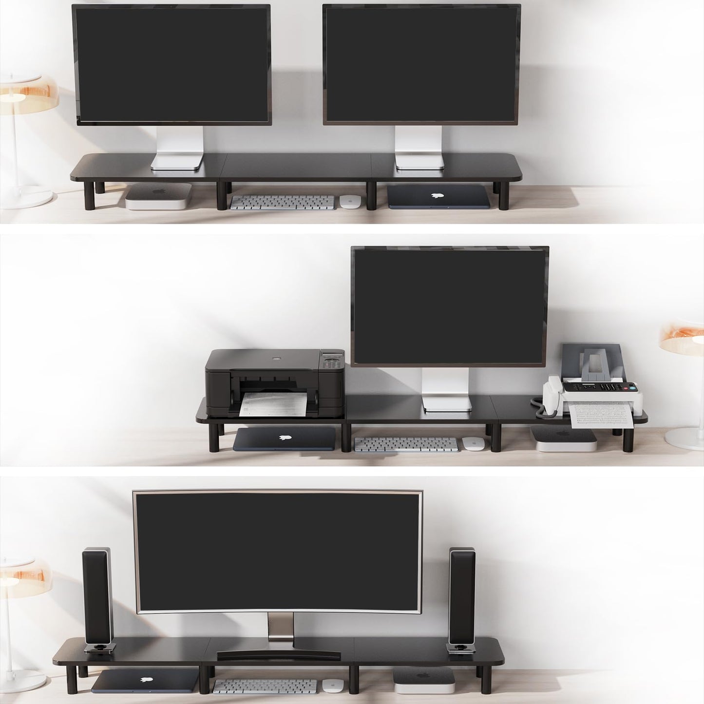 WEGASTU Dual Monitor Stand Riser 43.7 inch Large Extra Long Monitor Stand Riser Wide TV Stand Riser Monitor Stand for 2 Monitors Wood & Steel Leg Adjustable height Desktop Riser Desk Organization Home Office (Black)