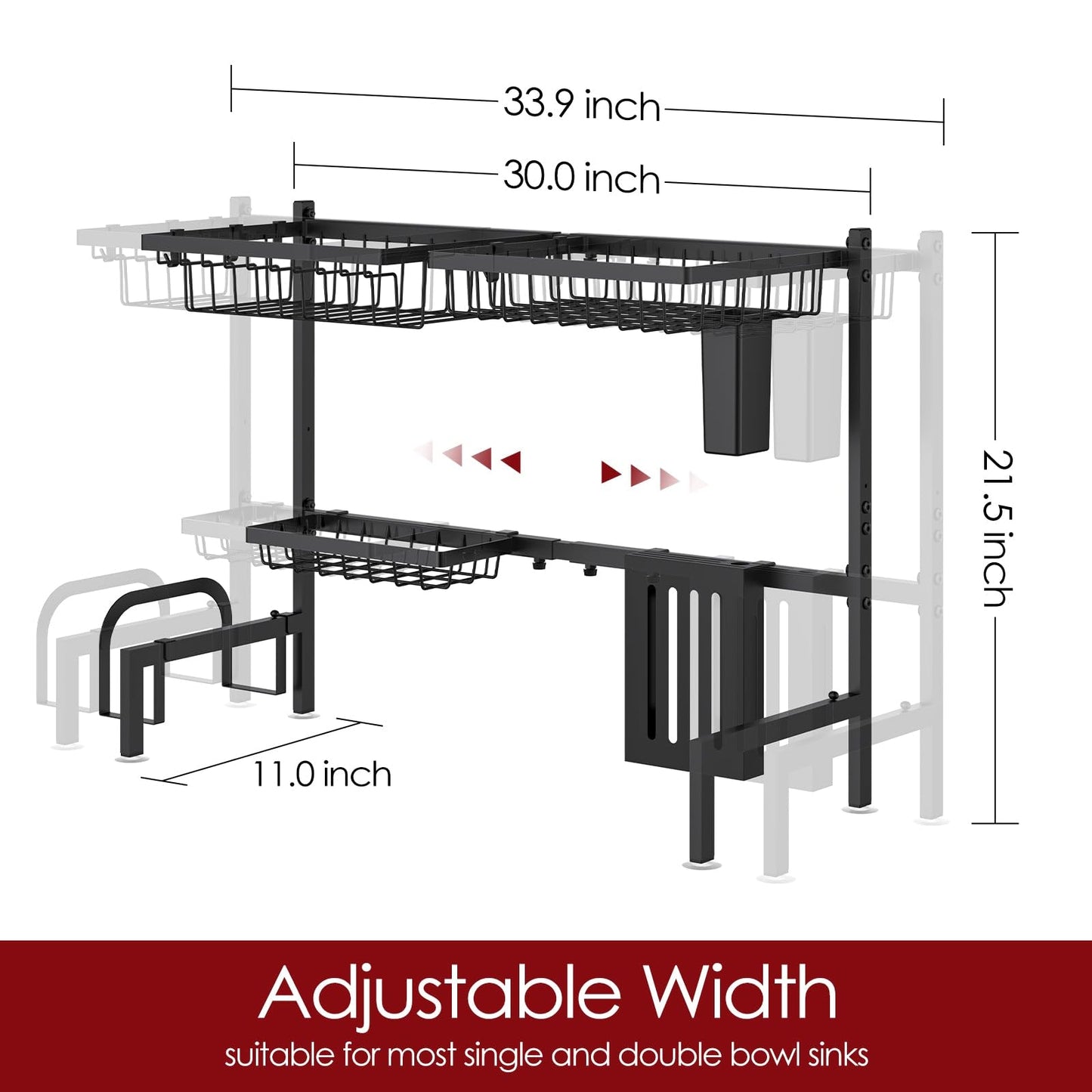 Sakugi Dish Drying Rack Over The Sink – Large Capacity Stainless Steel Dish Drainer, Multifunctional Kitchen Organizer, Black, 28 × 76–86 × 54 cm (D × W × H)