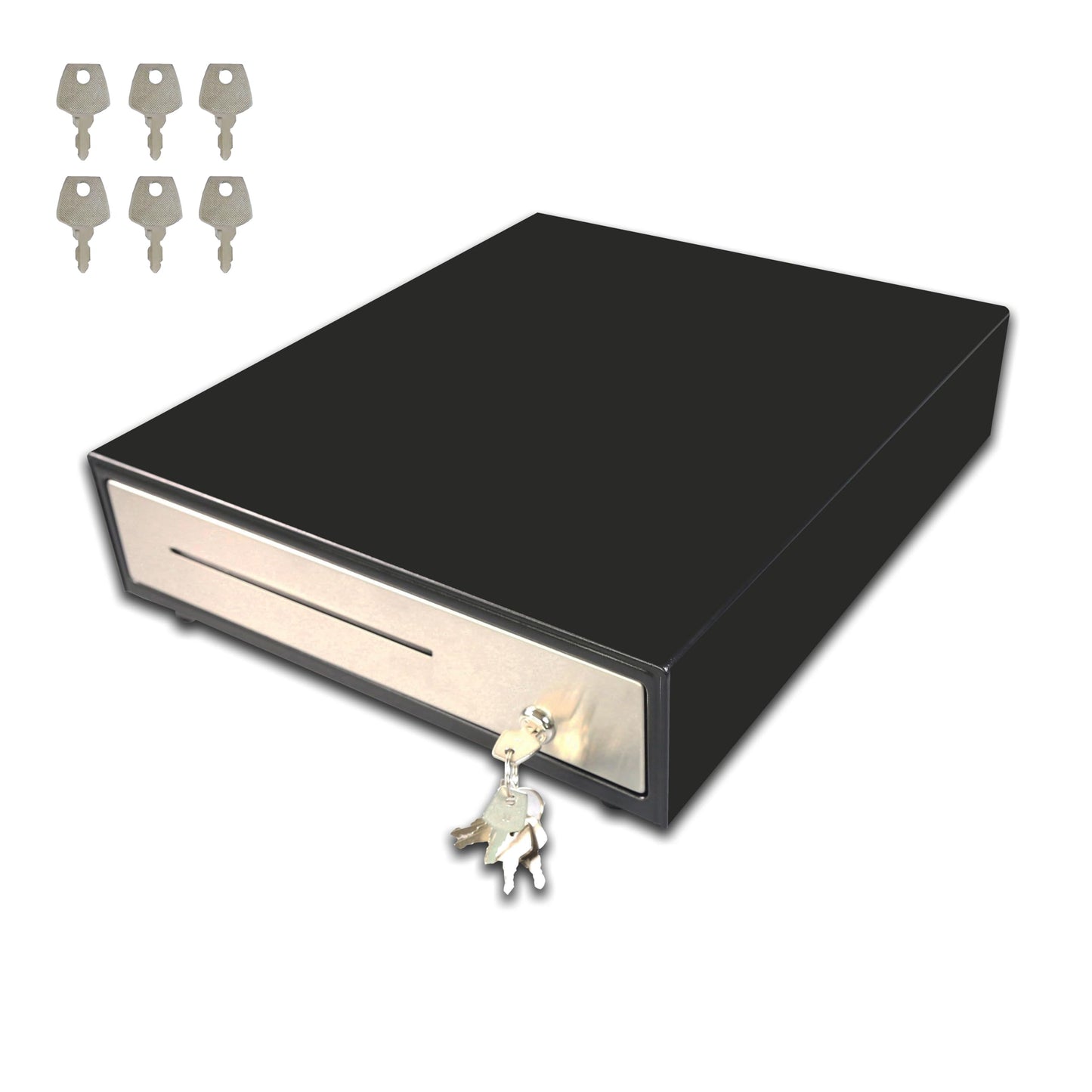 Angel POS Stainless Steel Front 16 X 14 Inch POS Cash Drawer Register Till Draw Box with 24V RJ11/RJ12 Cable, 6 Keys Lock and Removable Coin Tray Media Slot (Black with Stainless Steel Front)