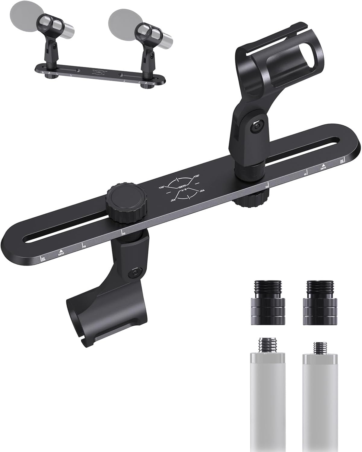 Etour Stereo Mic Bar for XY ORTF Recording, Stereo Array Spacing Dual Microphone Mount Bracket with Ruled Markings - 2 Mics Holder, Fits 3/8", 5/8" & 1/4" Thread Mic Stand with Included Adapter