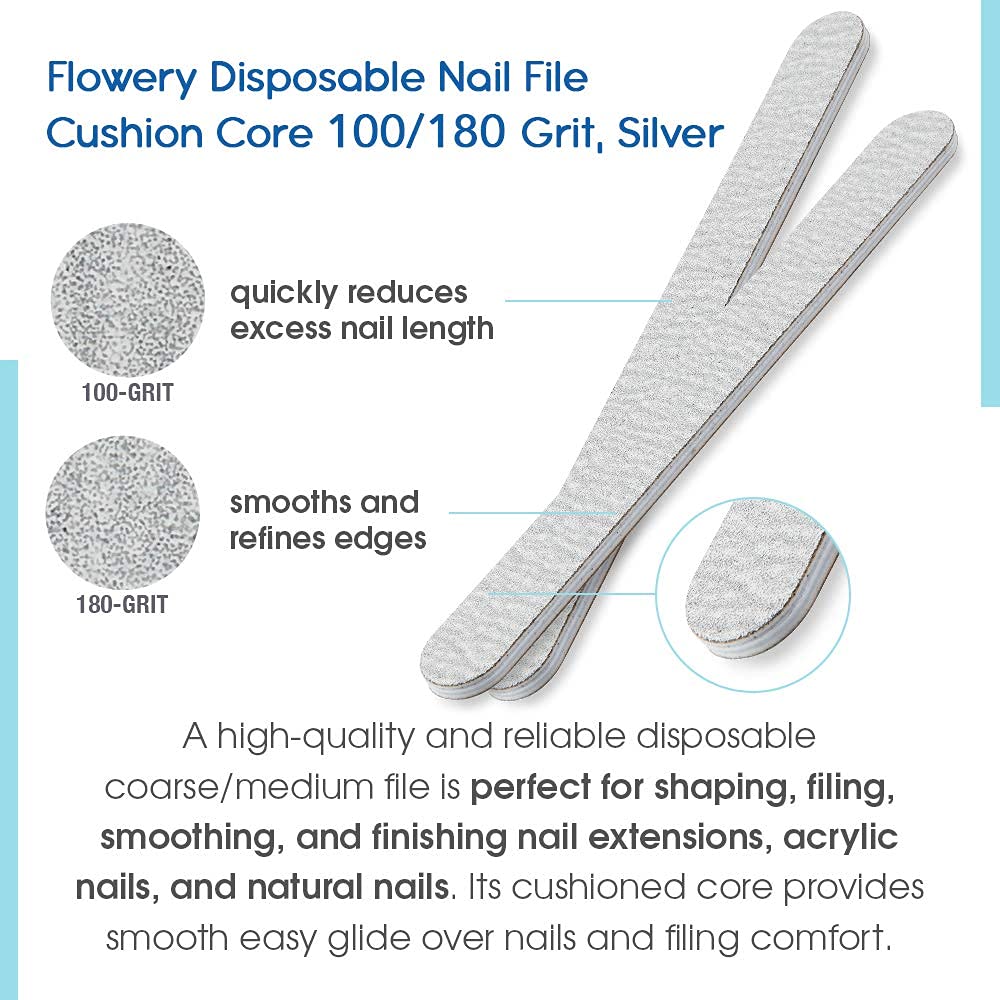 Flowery Disposable Nail File Cushion Core 100/180, Silver, 100-Count