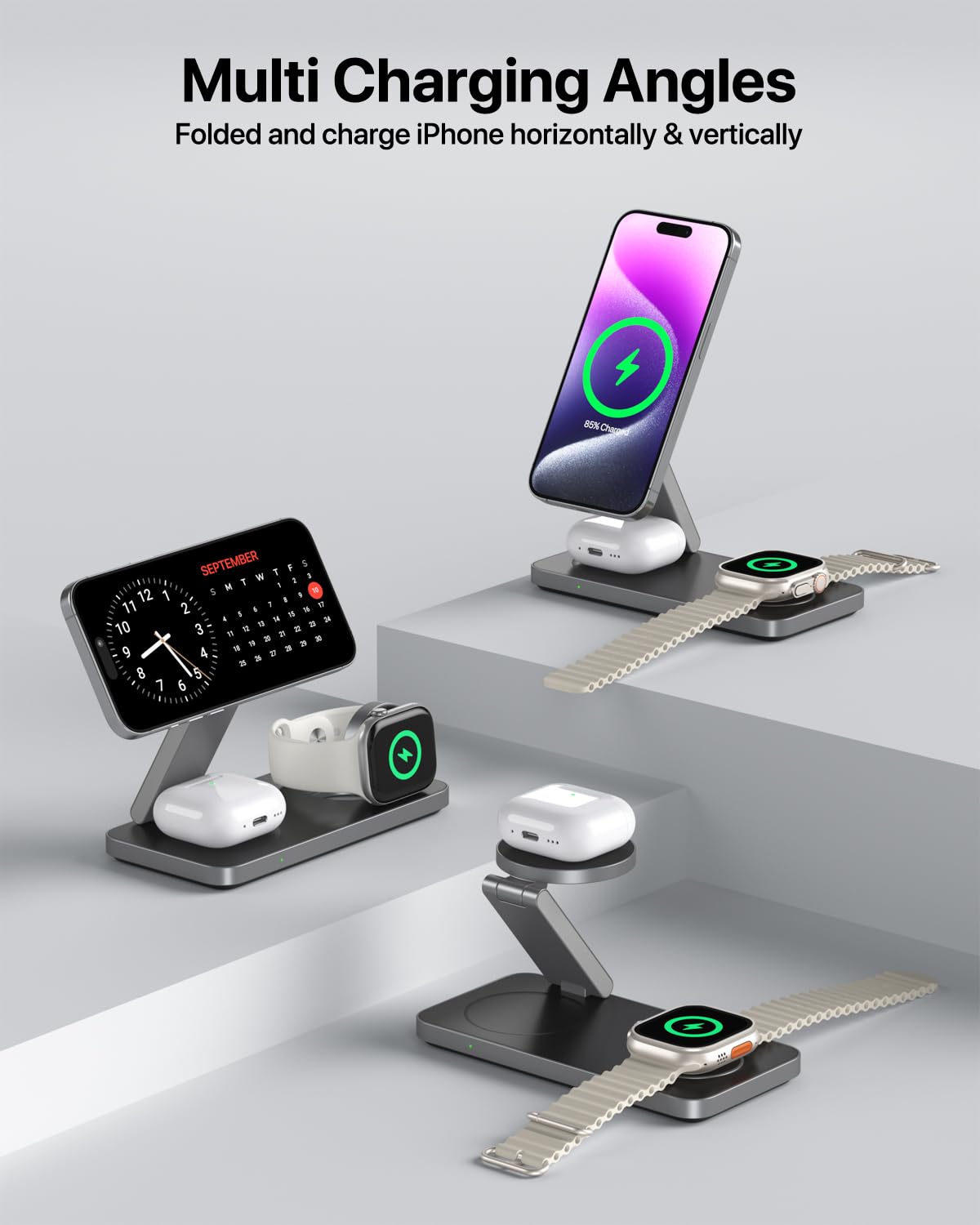 3 in 1 Wireless Charging Station, Magnetic Foldable Fast Mag-Safe Charger Stand Compatible with Apple iPhone Air/17/16/15/14/13/12, Apple Watch Ultra/SE/10/9/8/7/6/5/4, AirPods Pro/3/2 (Black+White)