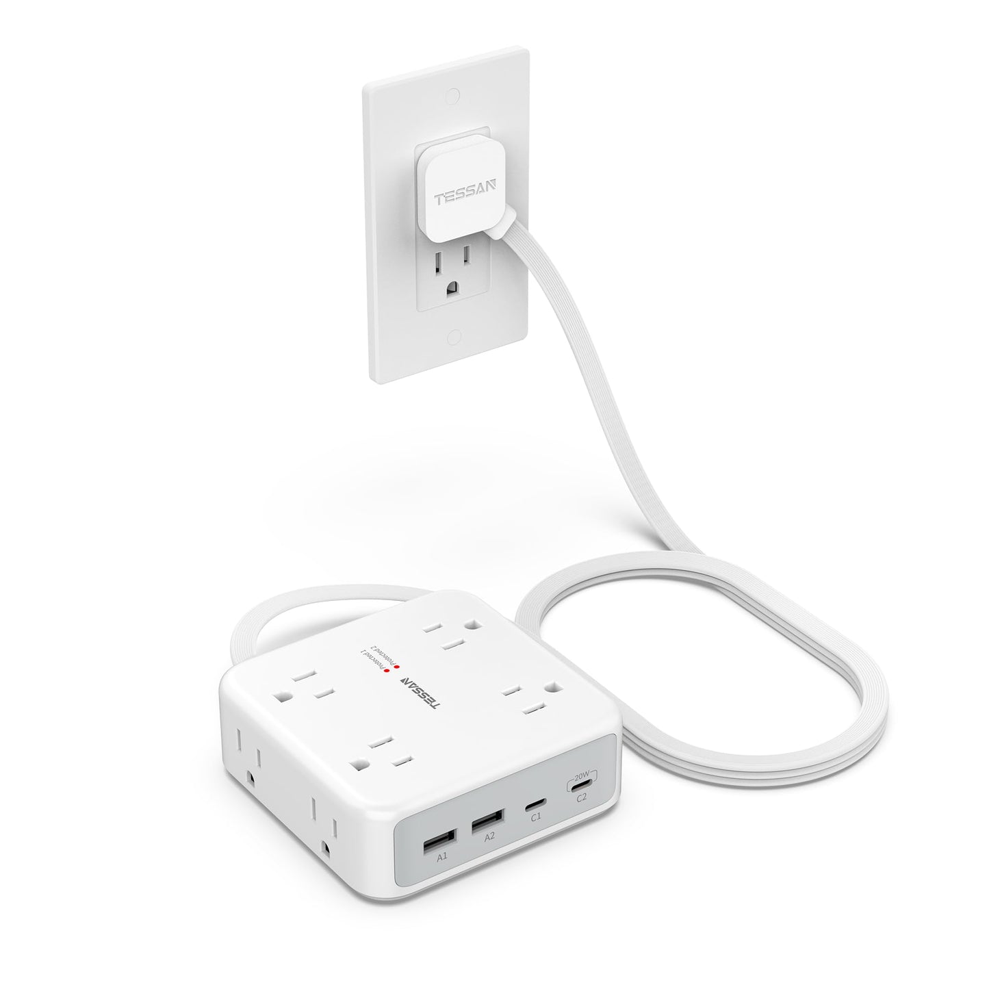 5ft Flat Plug Extension Cord Indoor, TESSAN Surge Protector Power Bar with 4 USB (2 USB C), Power Strip with 8 Multi Plug Outlets, Charging Station Wall Mount for Dorm Room Home Office