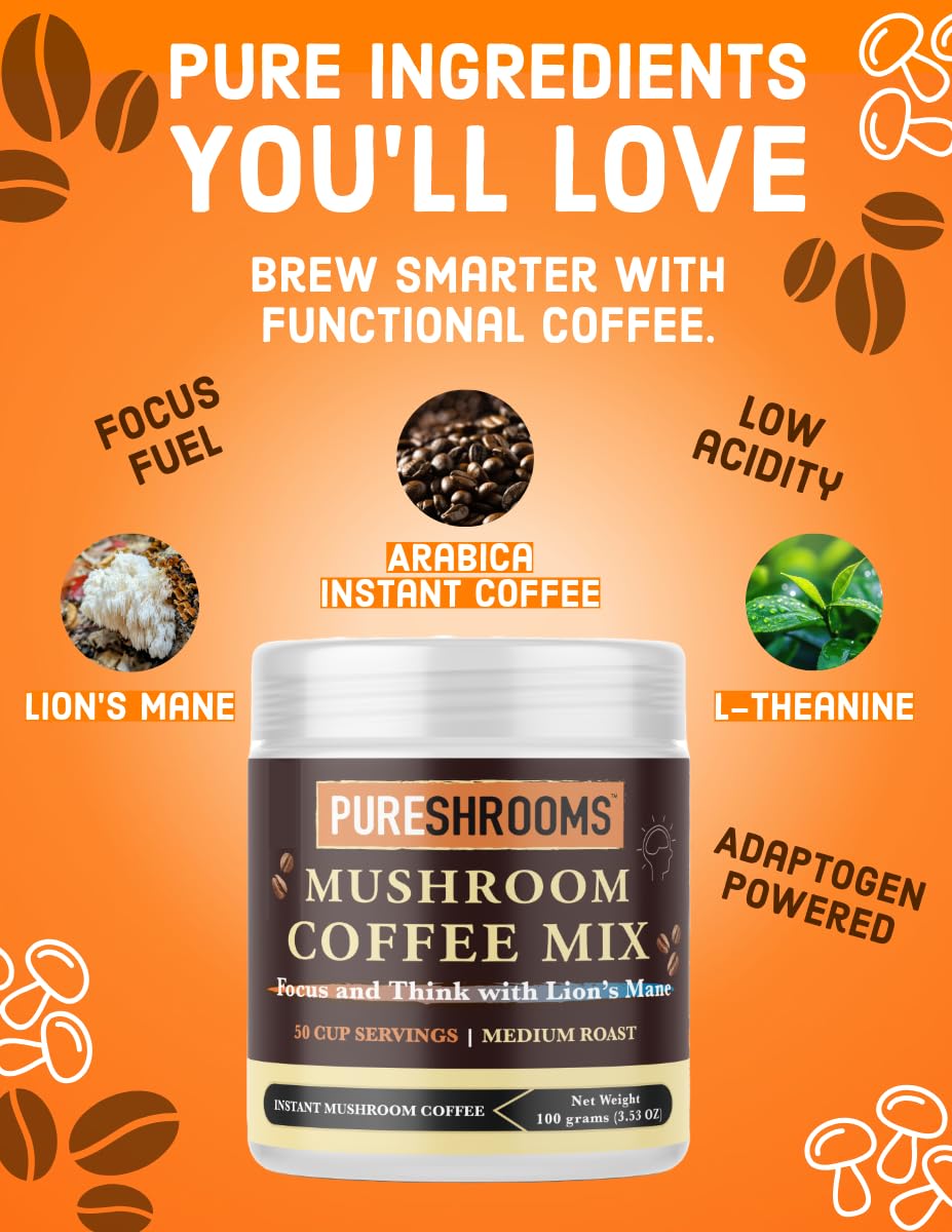 PureShrooms Focus & Think Mushroom Coffee with Ultra Concentrated Lion's Mane Mushroom, L-theanine - Vegan and Keto-Friendly (100 grams)