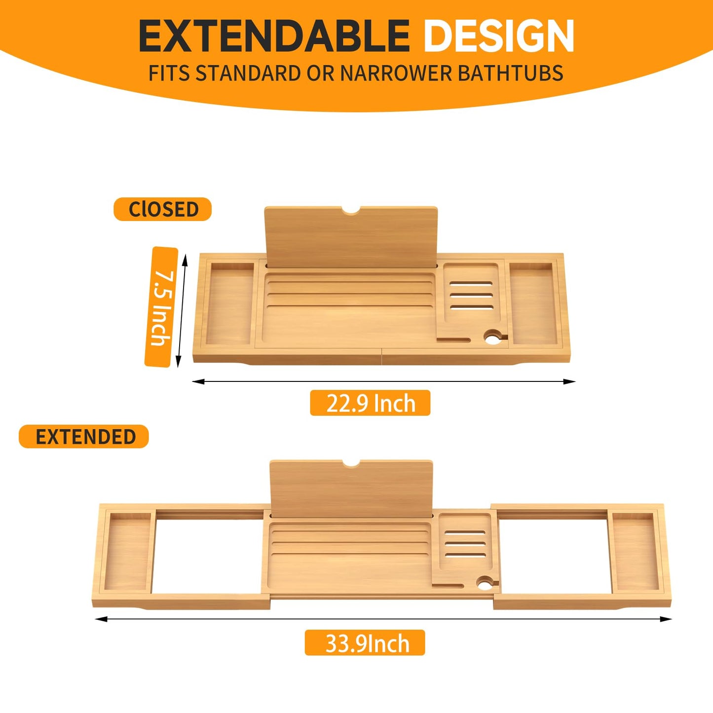 Premium Bamboo Bathtub Caddy Tray with Extending Sides, Adjustable Wood Bath Tray for Luxury Bath, Fits Most Tubs, Accessories Gift Idea Beige