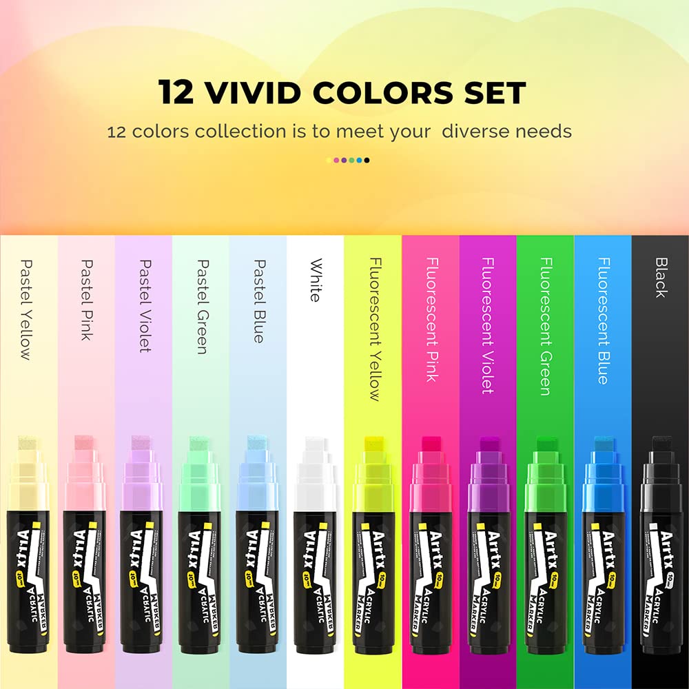 Arrtx Acrylic Jumbo Markers 10mm Jumbo Felt Tip, 12 Acrylic Paint Pens for Rock Painting, Stone, Glass, Easter Egg, Wood and Fabric Painting-Acrylic Markers DIY Crafts Making Art Supplies