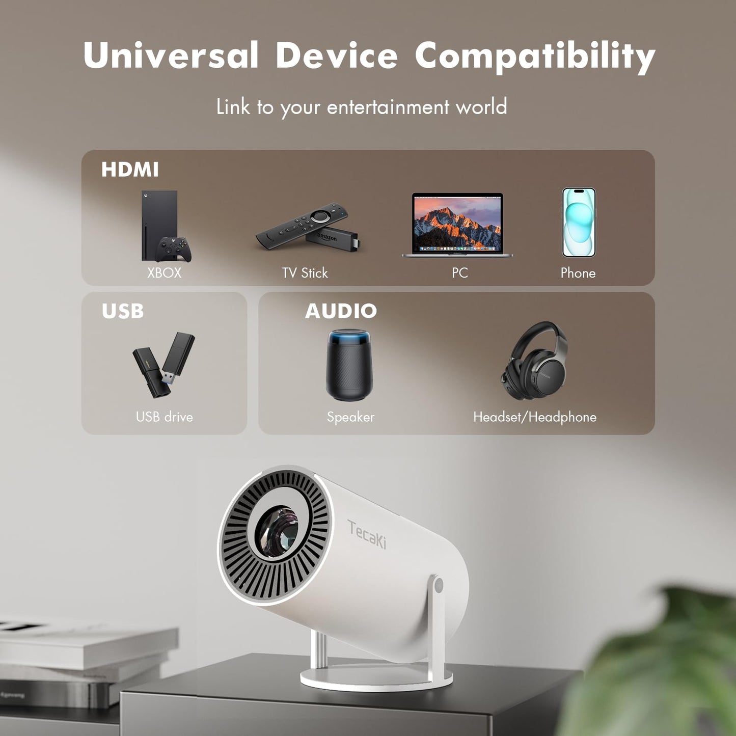 【Built-in Apps & Electric Focus】 Tecaki Mini Projector 1080P 4K Support with WiFi and Bluetooth 5.2, Portable Projector with Auto Keystone, 180° Rotatable, Outdoor Movie Projector for Phone