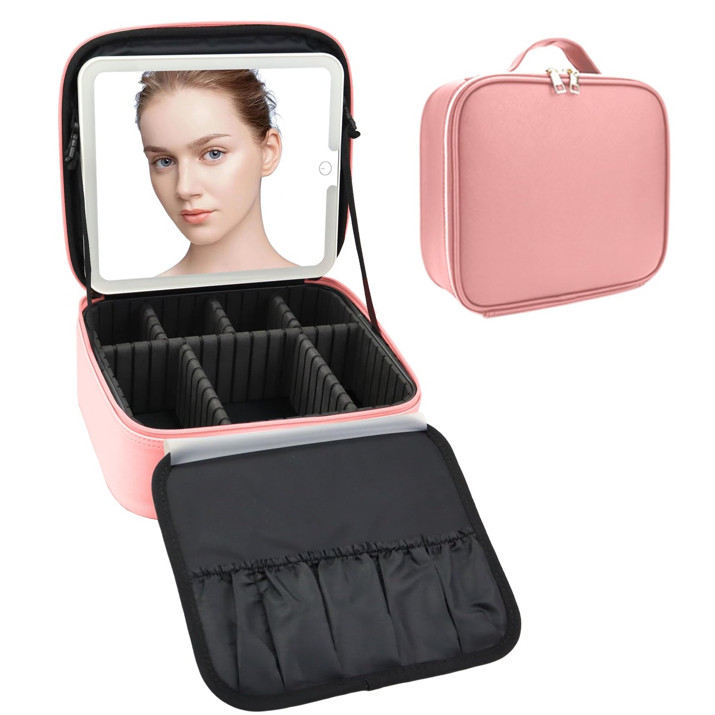 SLUMAZI Makeup Bag with LED Mirror Travel Makeup Organizer with 3 Lighted Settings, Adjustable Dividers and Makeup Brush Storage Bag Pink