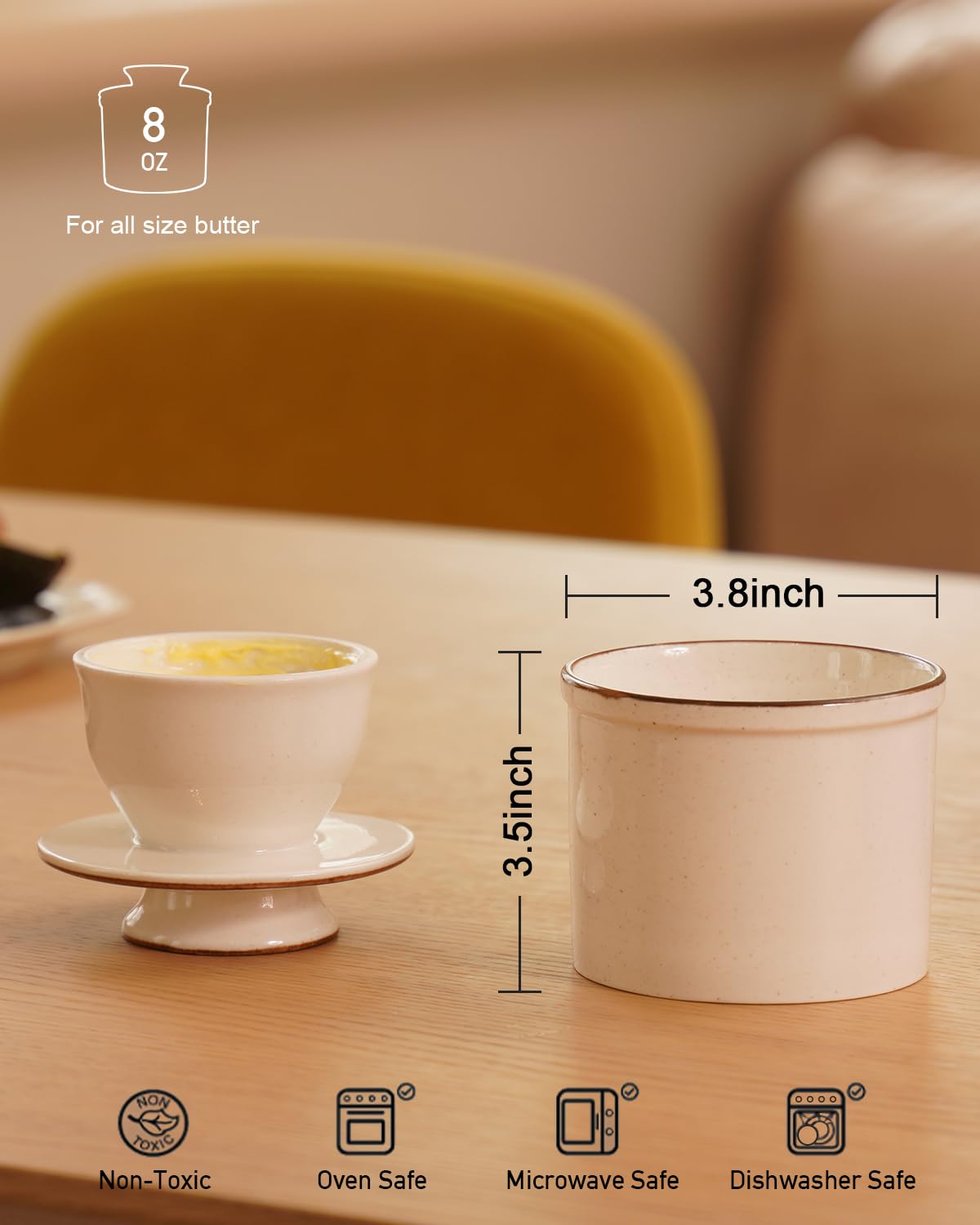 Jersinwei - French Butter Dish, Butter Crock for Counter with Water Line, Ceramic Butter Keeper for Spreadable Butter Christmas Gift for Home Decor Reactive Glaze Collection - White