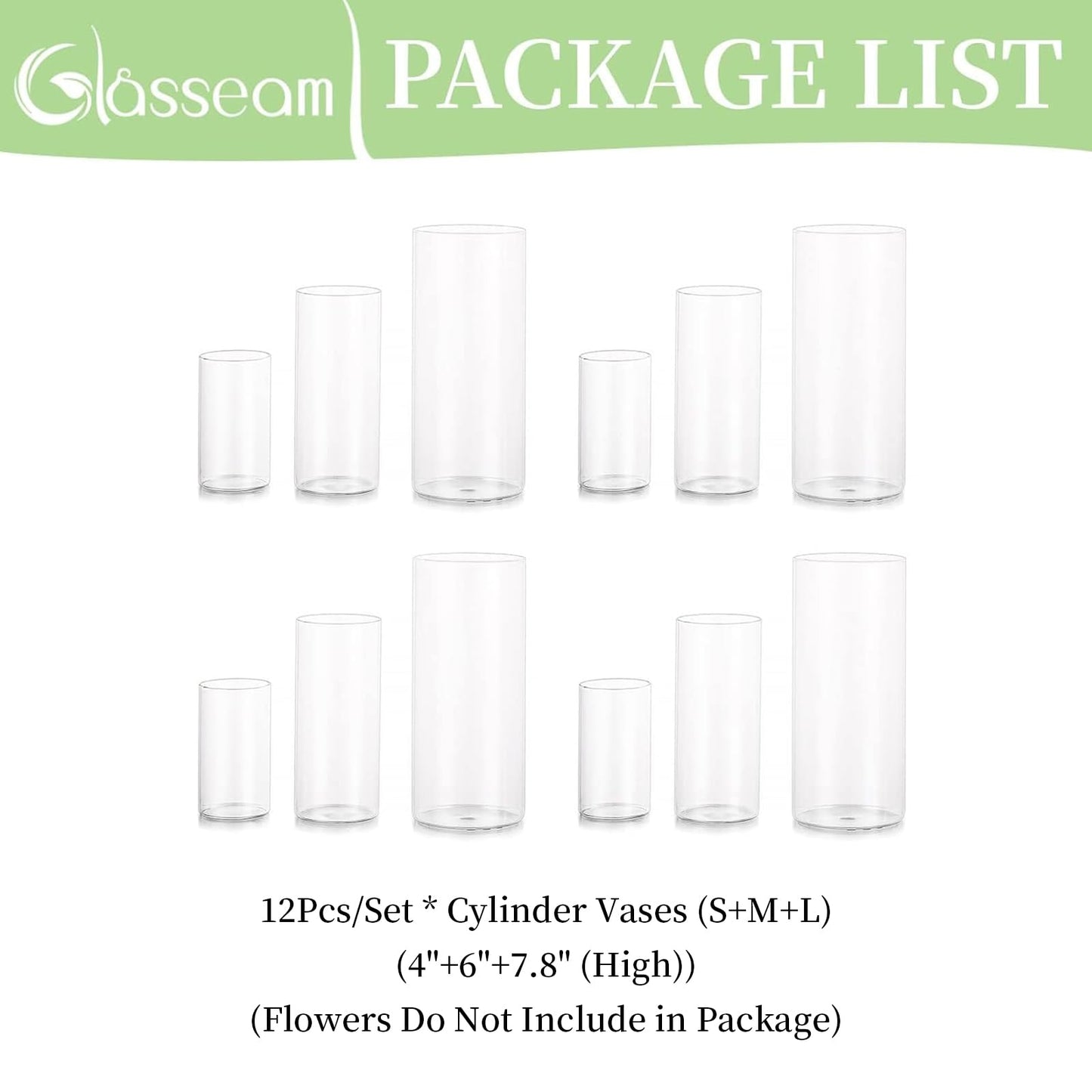 Glasseam Cylinder Vases Set of 12, Hurricane Candle Holder Clear Different Sizes, Modern Glass Cylinder Vase, Glass Vases for Centerpieces for Home Decor Wedding Centerpieces, Events, 4''+ 6''+7.8''