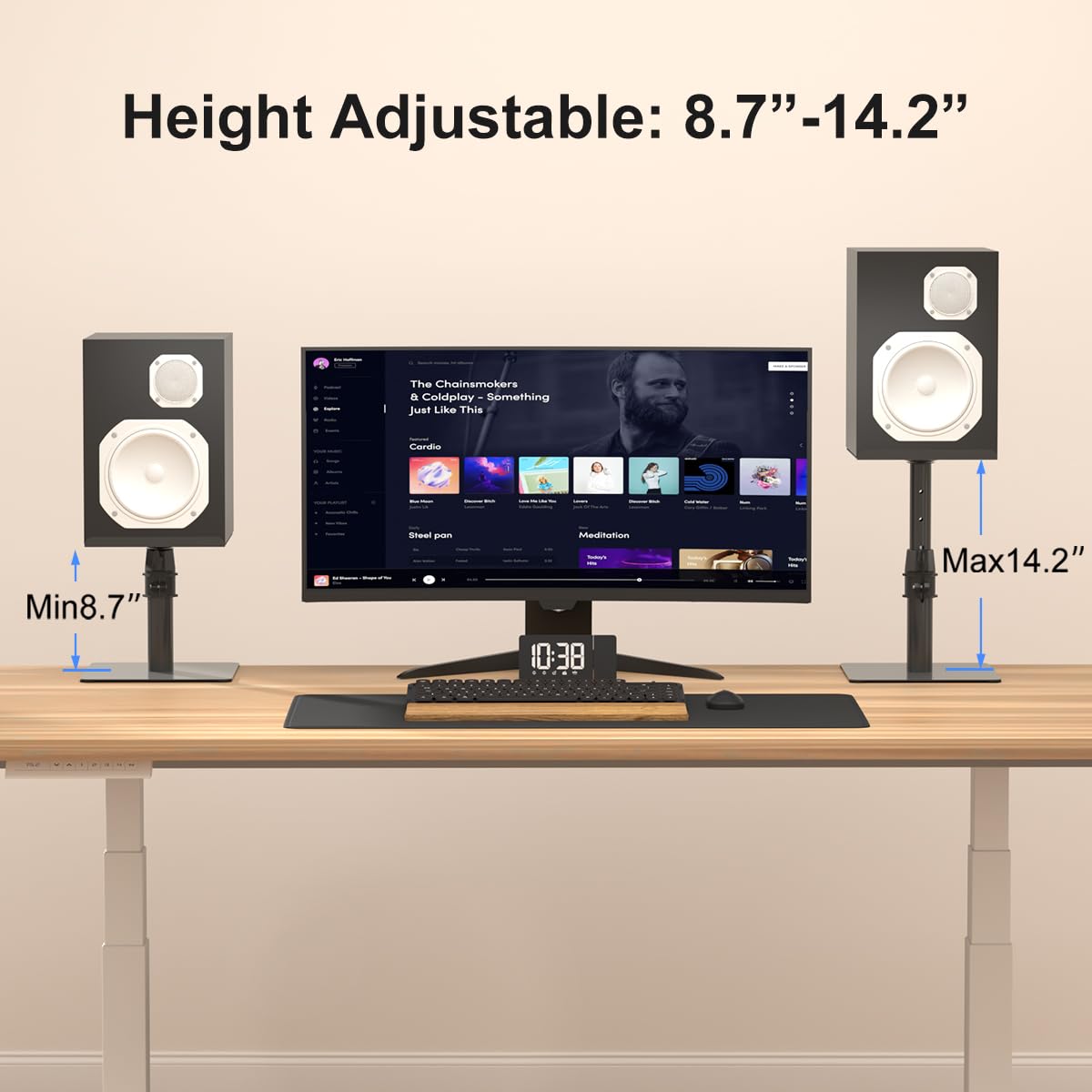 Suptek Free-Standing Speaker Stand Desktop Set, 9.6 x 8.8 inch Trays, Height Adjustment and Tilt, Universal Audio Holders for Computer and Bookshelf Speakers, Elevated Sound, 2 Pack, Black, SDM001T