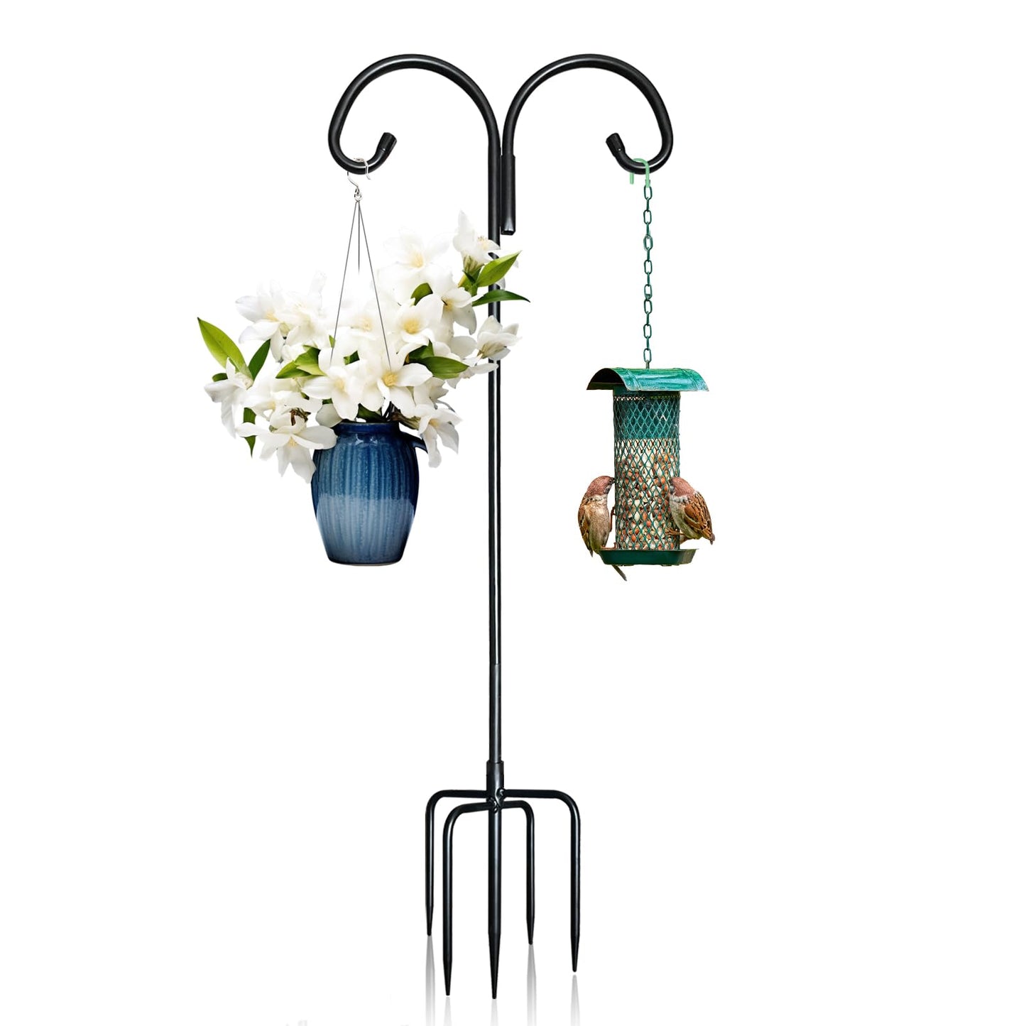 Heavy Double Shepherds Hook for Outdoor:60 Inches Garden Bird Feeder Pole with 5 Prongs, Adjustable Metal Bird Feeder Stand for Plant Solar Lights, poteau Pour Mangeoire Oiseaux (1, 60Inches)