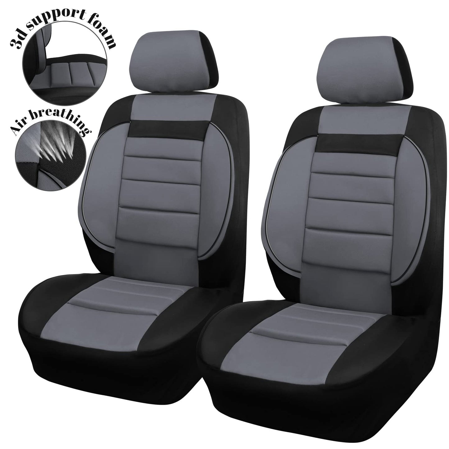 CAR PASS 6PCS Elegance Universal Fit Two Front Car Seat Covers Set, Foam Back Support, Airbag Compatible, 100% Breathable (Black with Gray)