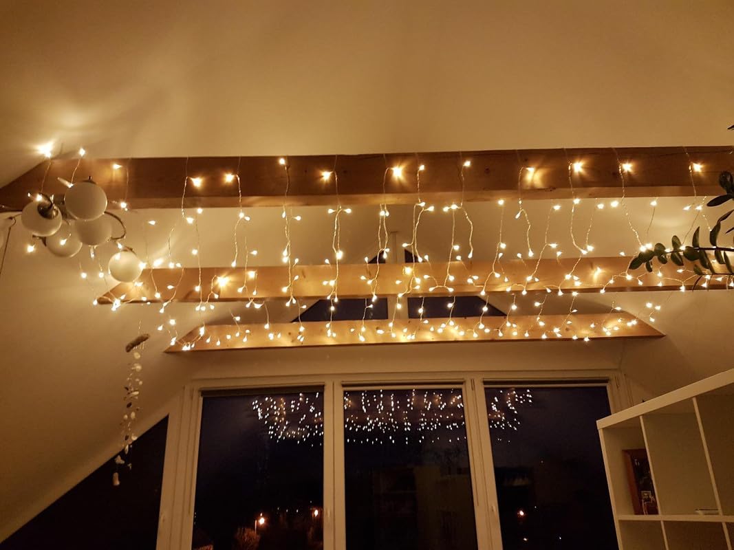 LE LED Curtain Lights, 306 LEDs 9.8 x 9.8 ft Fairy Lights Plug in, 8 Lighting Modes String Lights Indoor, Outdoor Patio Twinkle Lights for Bedroom Party Christmas Wedding Decoration, Warm White