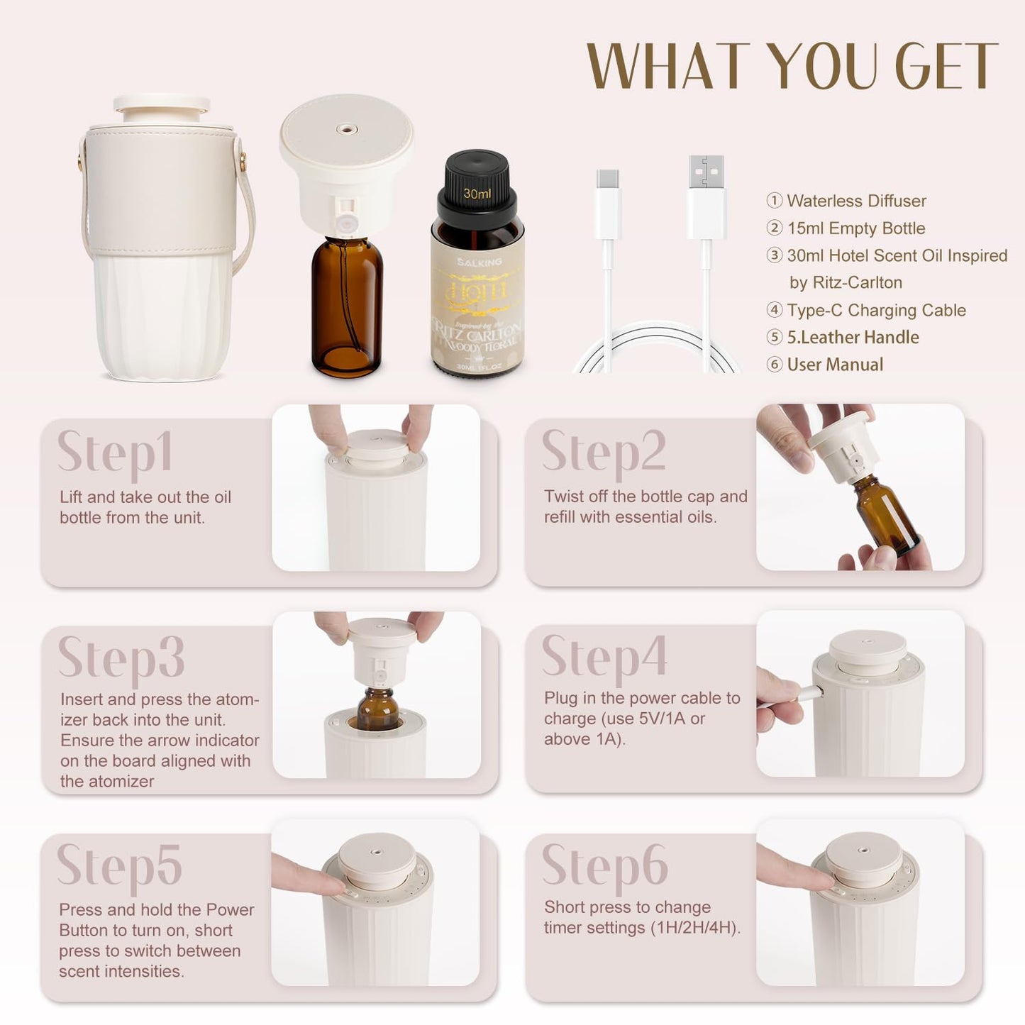 Waterless Essential Oil Diffuser with 30mL Hotel Scent Fragrance Oil, Battery Operated Portable Mini Diffuser with 1H/2H/4H Timer & Adjustable 2 Modes, Leather Handle for Home, Car, Travel, White