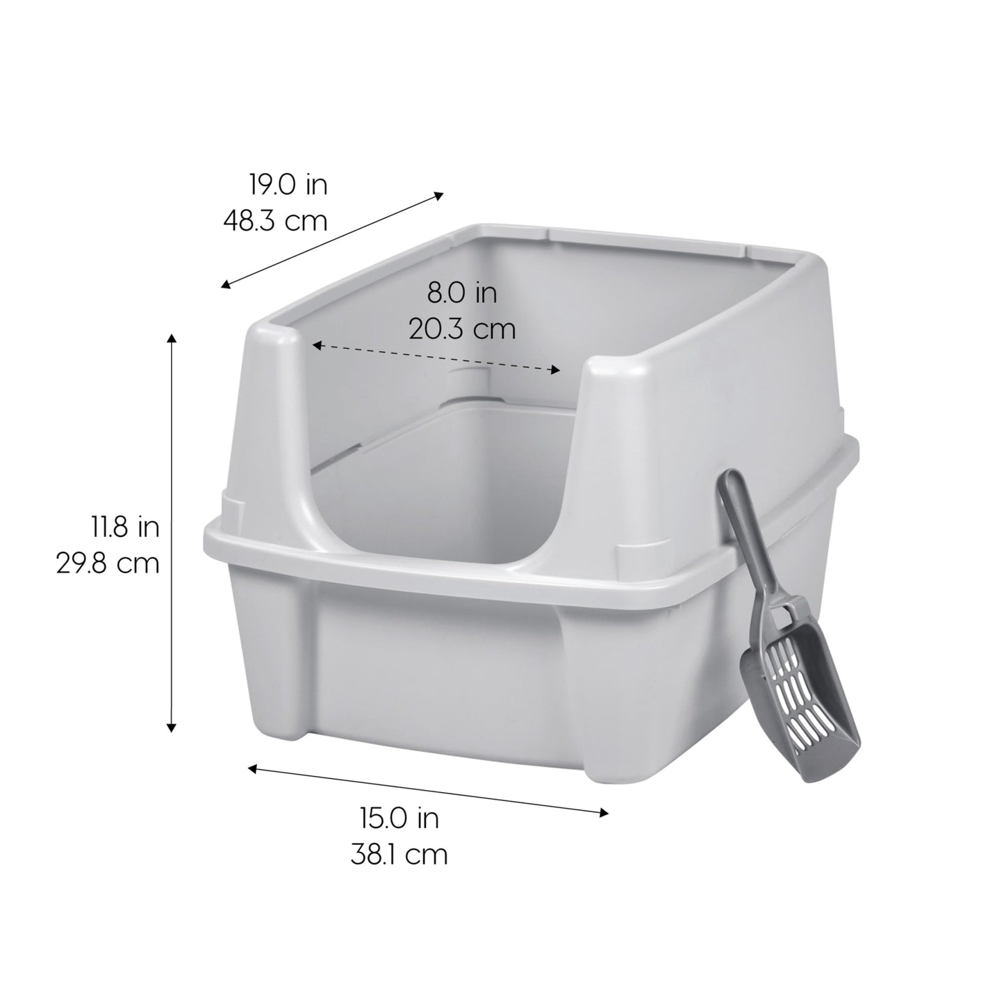 IRIS USA Large Cat Litter Box with Scatter Shield and Scoop, Open Top High Sided Cat Litter Pan, Silver