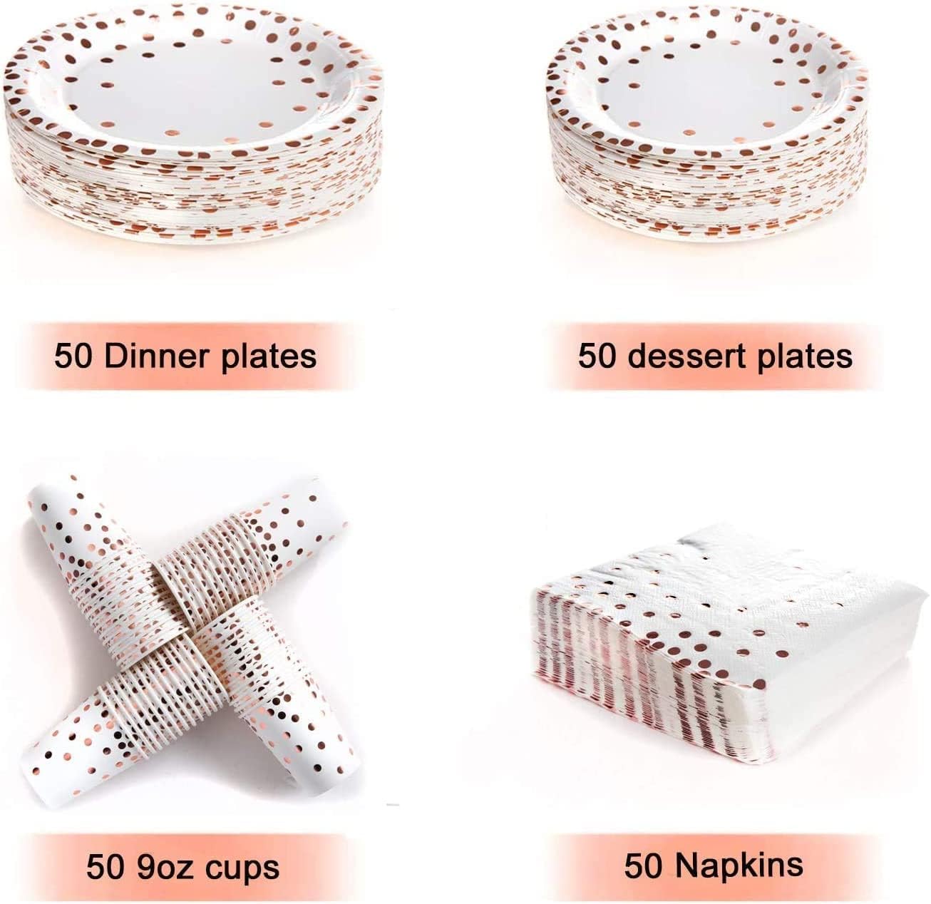 201 PCS Disposable Plates Rose Gold Party Supplies, Polka Dots Paper Plates, Include 50 Dinner Plates,50 Dessert Plates,50 Napkins 50 Cups, 1 Plastic Tablecloth,for Baby Shower Wedding Birthday