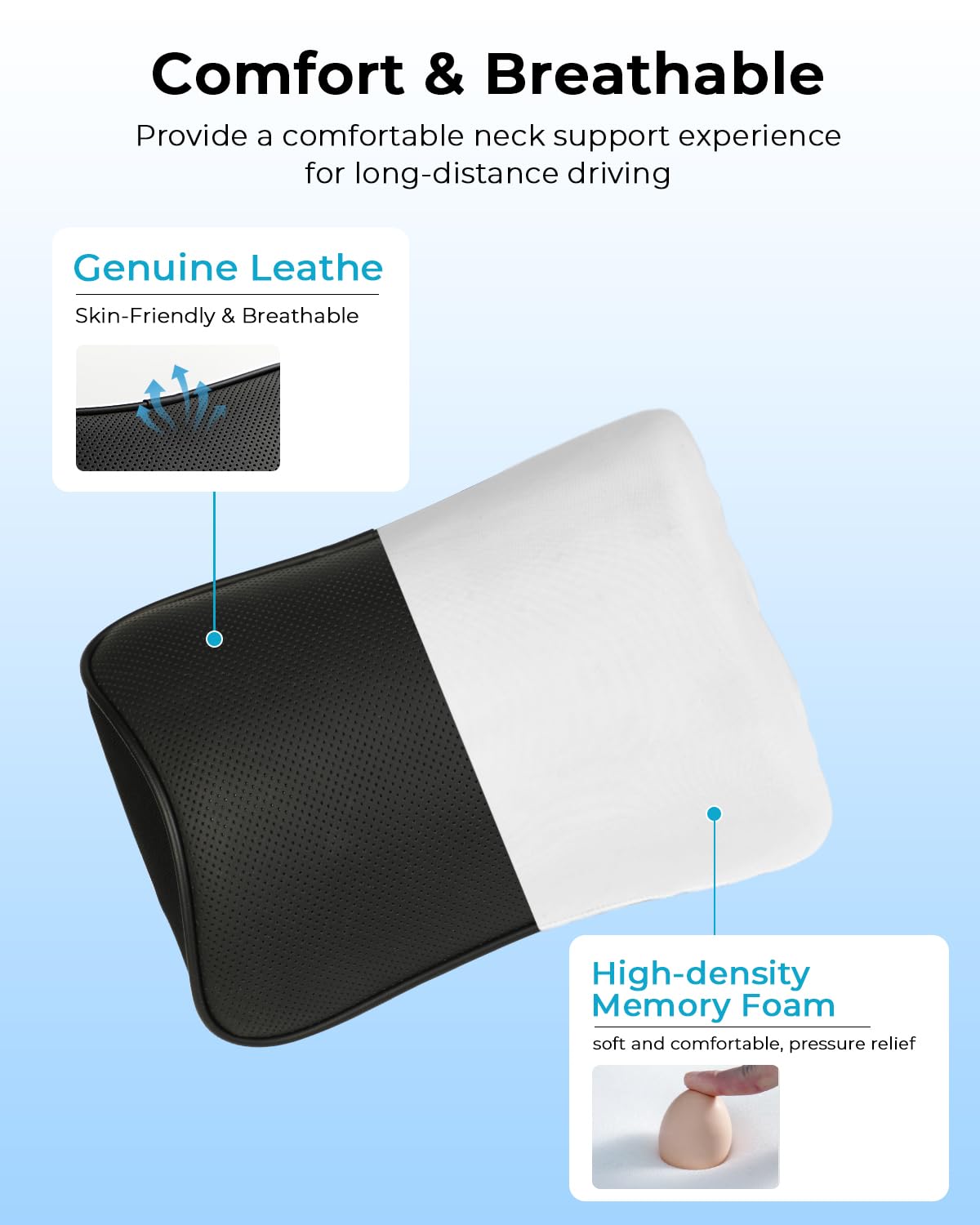 Aukee Car Pillow - Leather Memory Foam Car Headrest Pillow, Supporting Neck Pillow, Camping Travel Neck Rest Pillow for Car Seats - Black (Pack of 2)