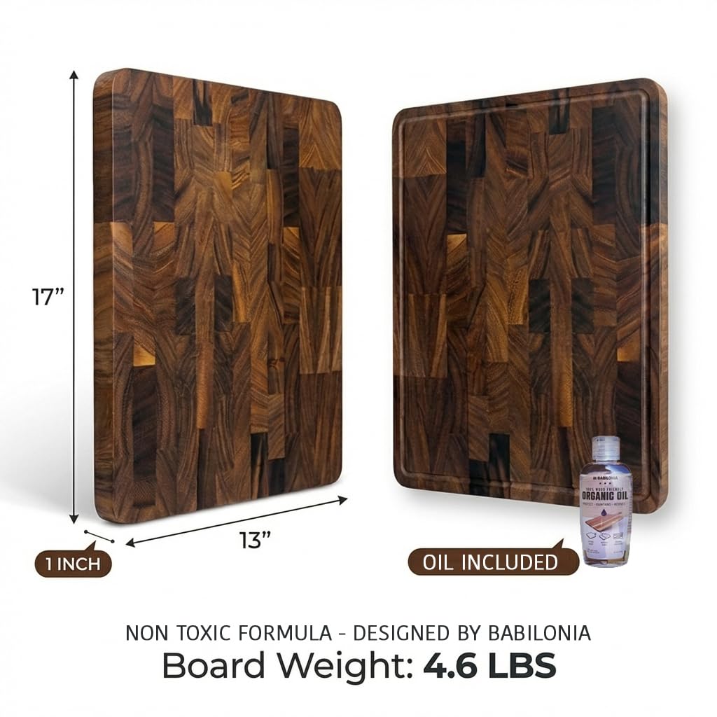 Babilonia Walnut Cutting Board, Professional and Heavy Duty Non Toxic Wood Chopping Board, Wooden Charcuterie Boards & Butcher Block with Handles (Oil Bottle Included)