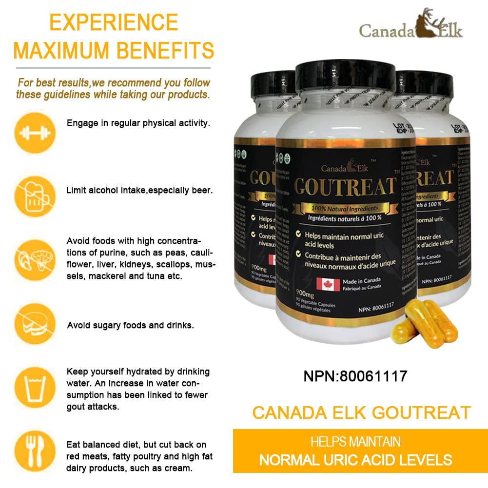 Canada Elk Goutreat - Canada's #1 Uric Acid Cleanser, Relieve the Pain and Inflammation Associated with Gout and Arthritis, 12 Natural Proven Ingredients, 270 Veggie Capsules