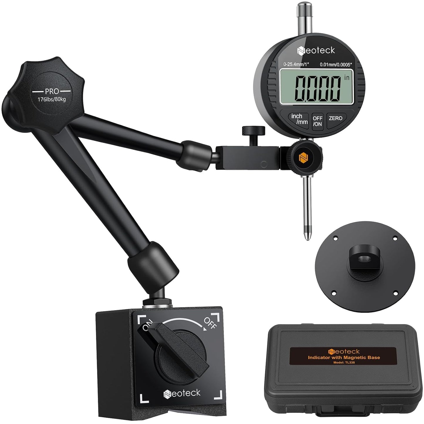 Neoteck Digital Dial Indicator Gauge and Magnetic Base Set, 0-1 inch/ 25.4mm, 0.01mm/ 0.0005" Inch/Metric Conversion Measuring Tool for 3D Printer and Lathe